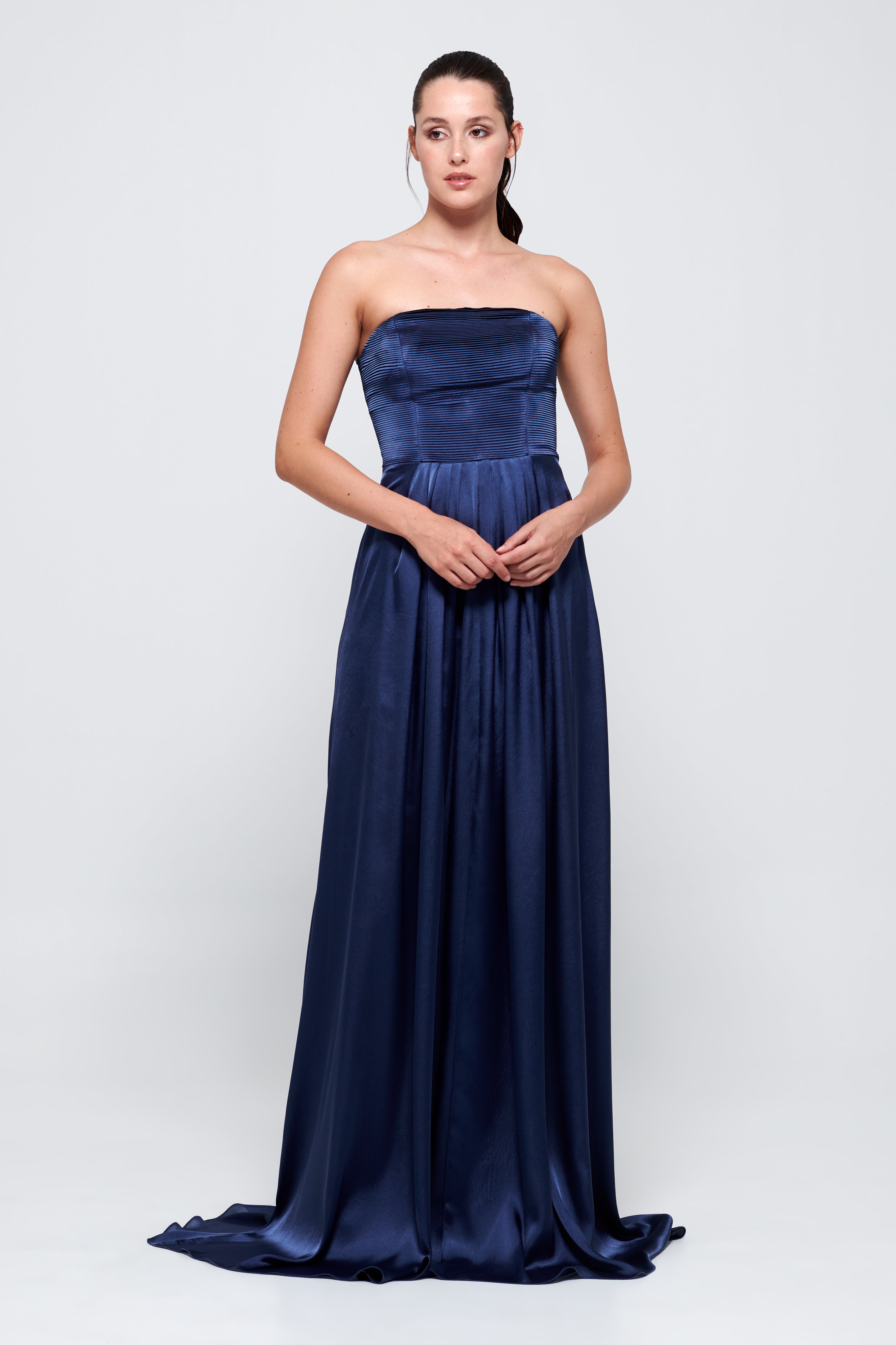 Strapless Navy Silk-Satin Gown Vermilion Strapless Navy Silk-Satin Gown Vermilion