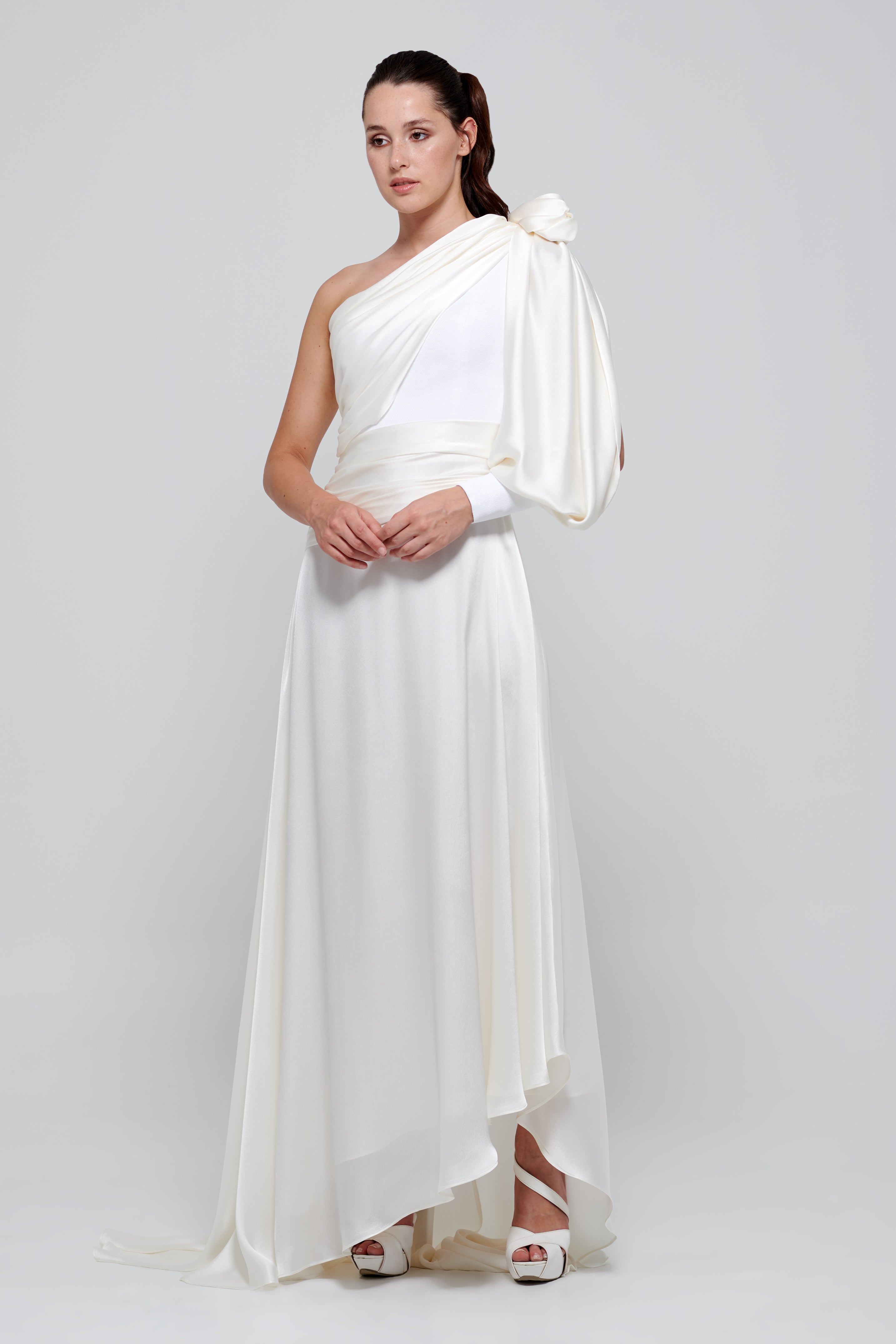 One Puffy Sleeve Silk Satin Long White Dress – John Paul Ataker