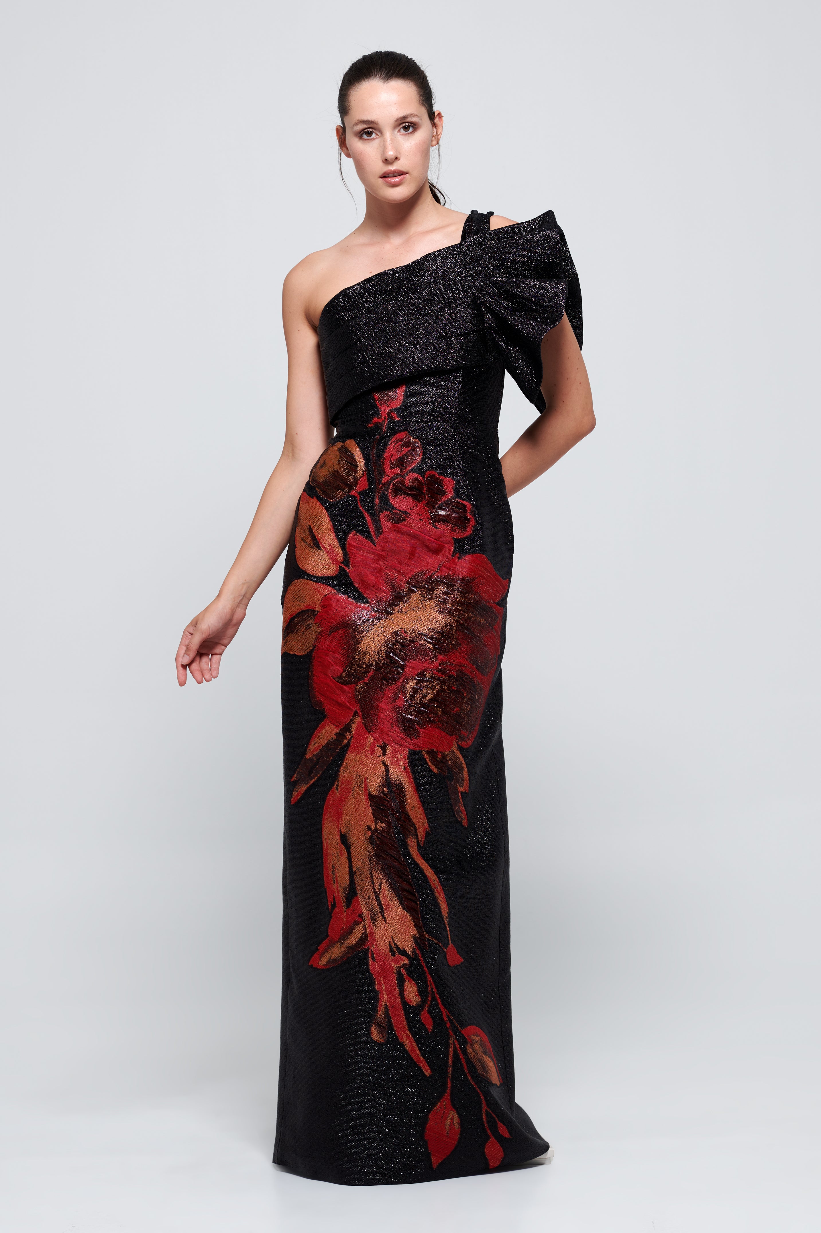 red and black one shoulder dress Drop One-shoulder Red and Black Dress, Tie Sleeve Accent