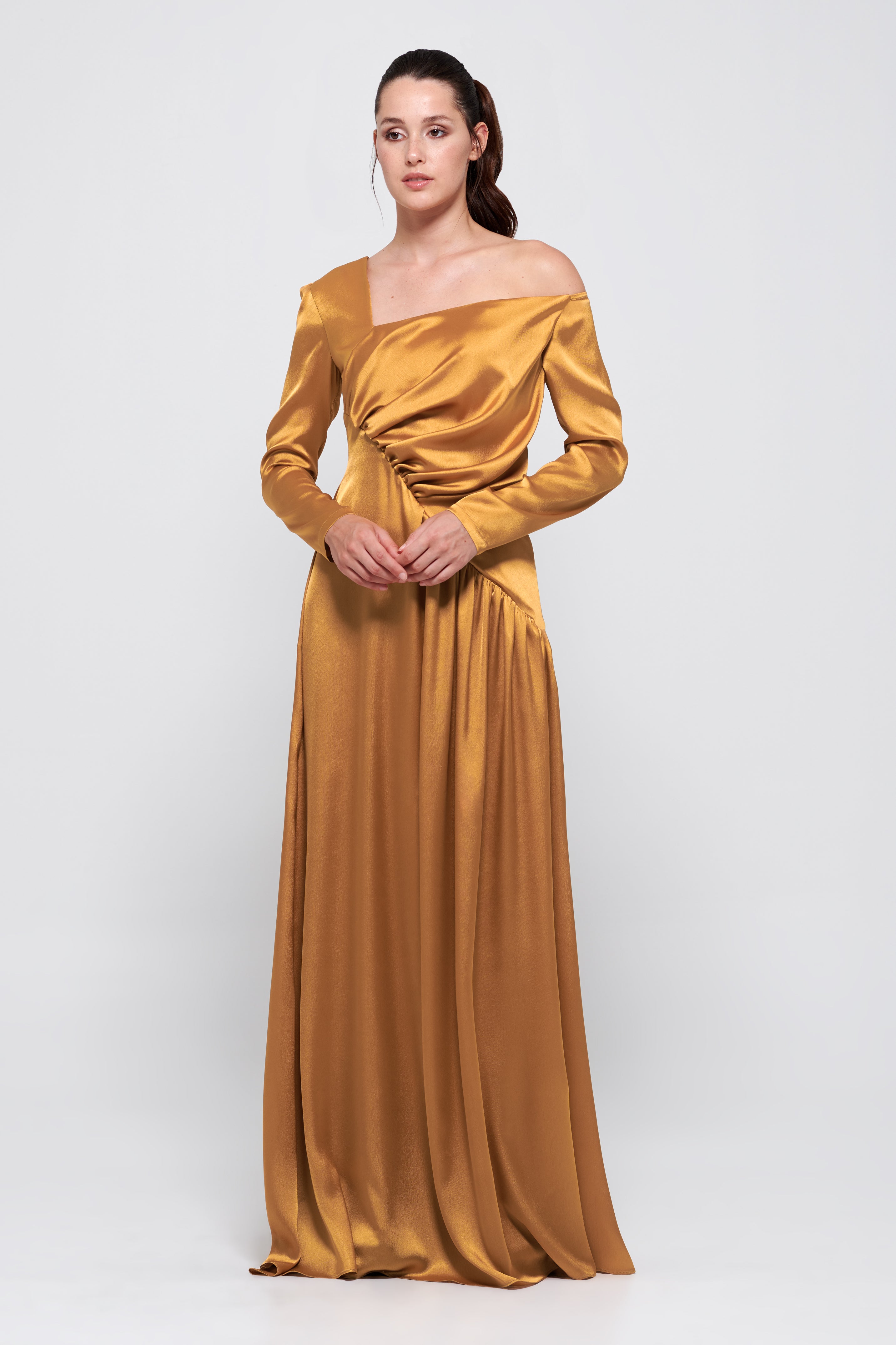 Draped Silk-Satin Asymmetric Neckline Orange Gown John Paul Ataker Draped Silk-Satin Asymmetric Neckline Orange Gown John Paul Ataker