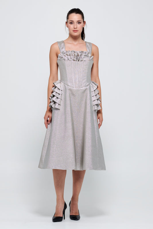 Strapless Ruffle Detailed Corset Effect Glittery Dress