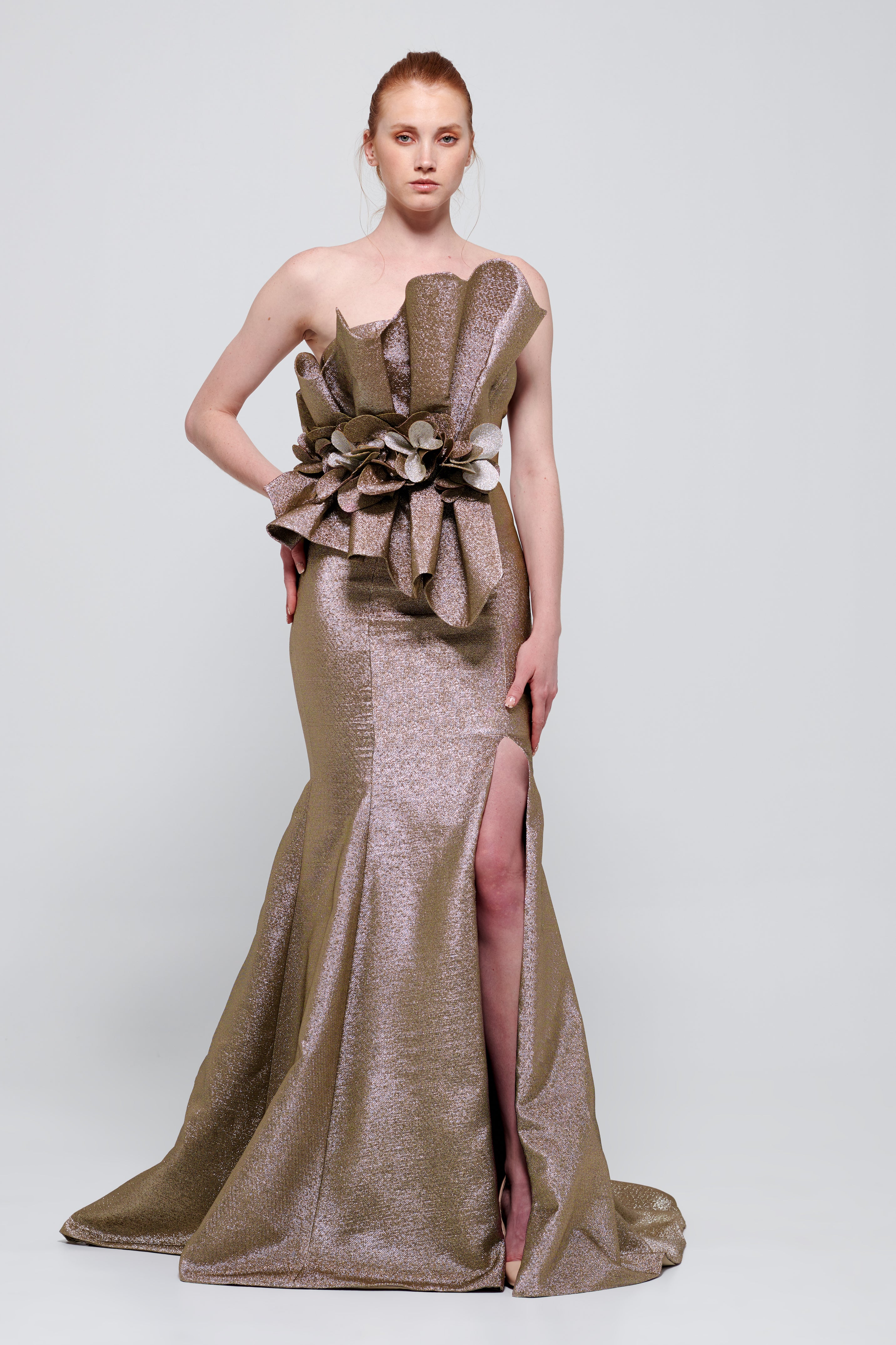 Asymmetric Pleated Peplum Details Long Dress Silver & Gold Asymmetric Pleated Peplum Details Long Dress Silver & Gold