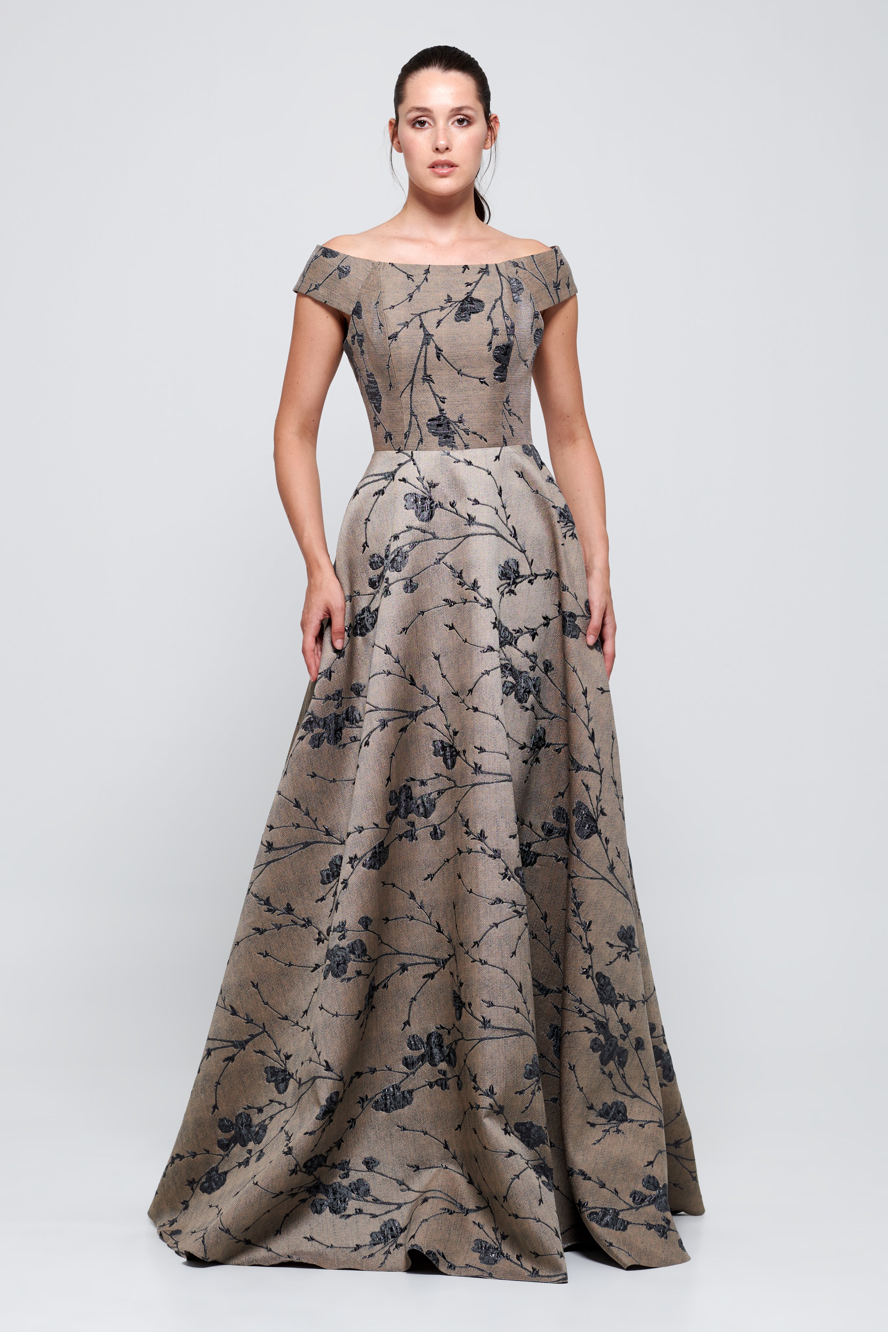 Off-The-Shoulder A-Line Long Jacquard Dress Gray Off-The-Shoulder A-Line Long Jacquard Dress Gray