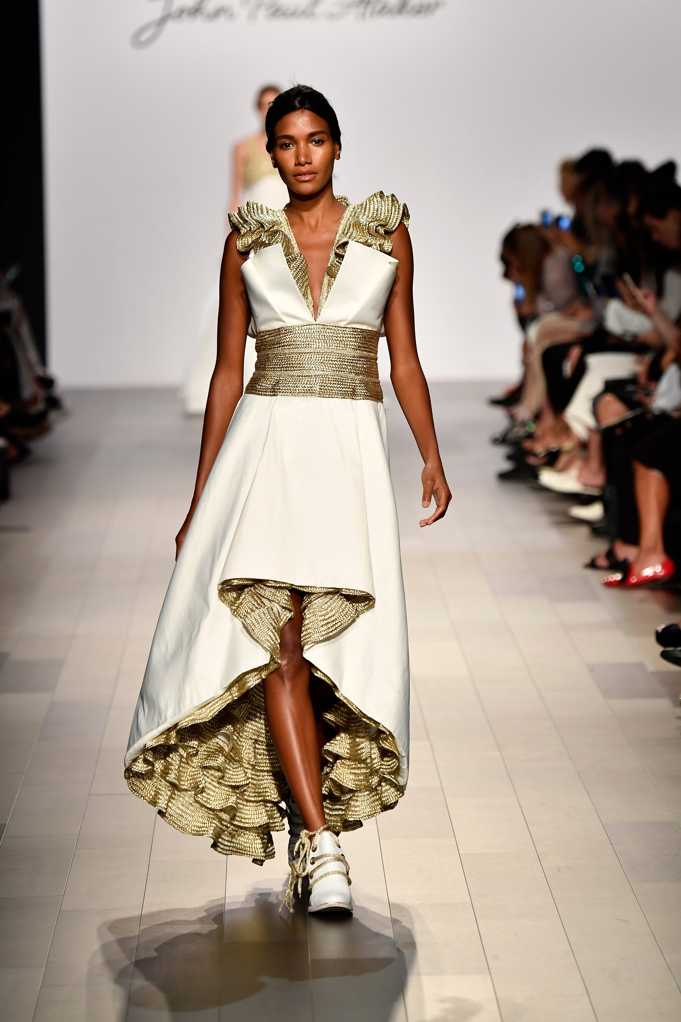 Taffeta High-Low Dress with Metallic Band Ruffles John Paul Ataker Taffeta High-Low Dress with Metallic Band Ruffles John Paul Ataker