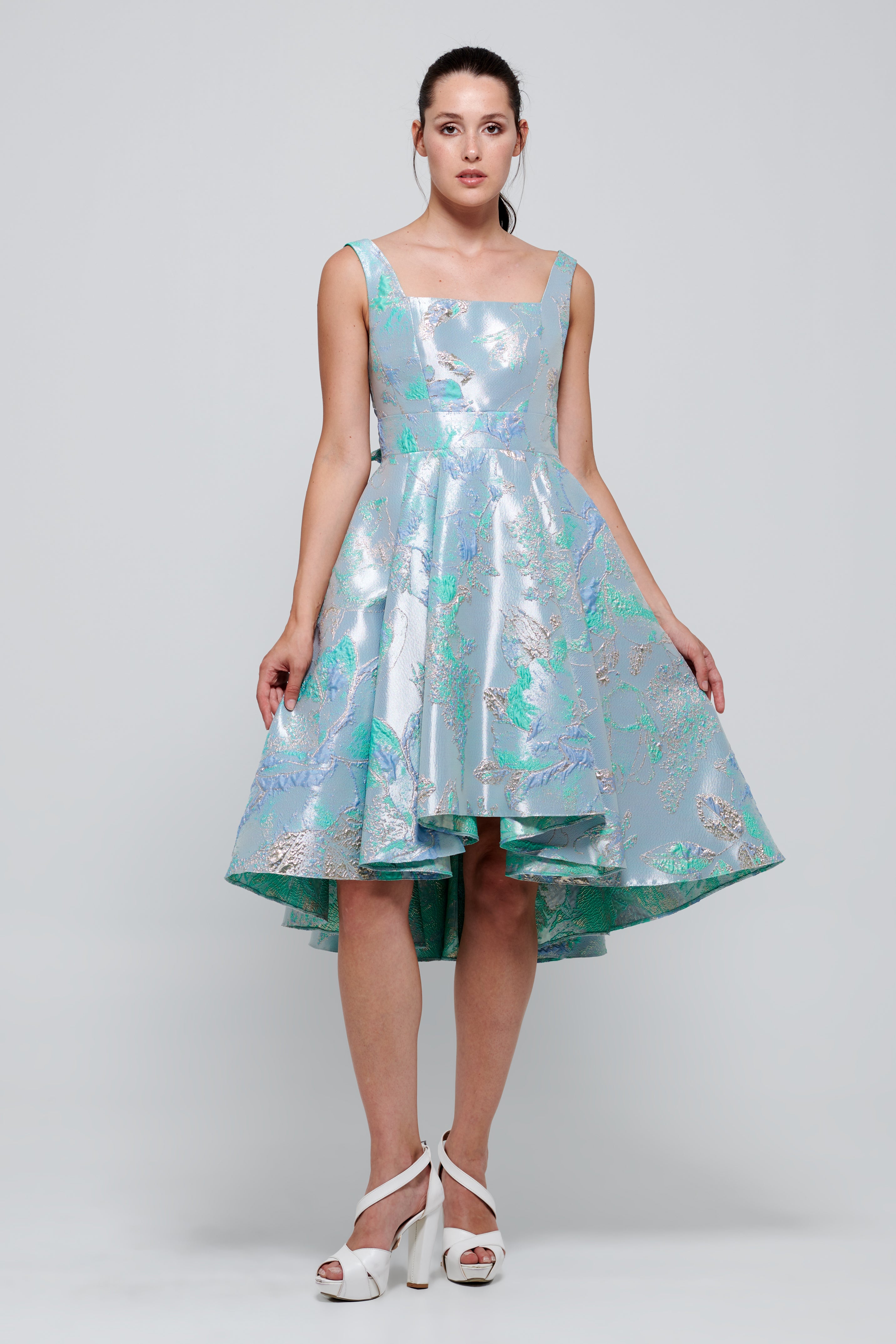 Square Neckline Printed Jacquard Knee Length Dress Light Blue Square Neckline Printed Jacquard Knee Length Dress Light Blue