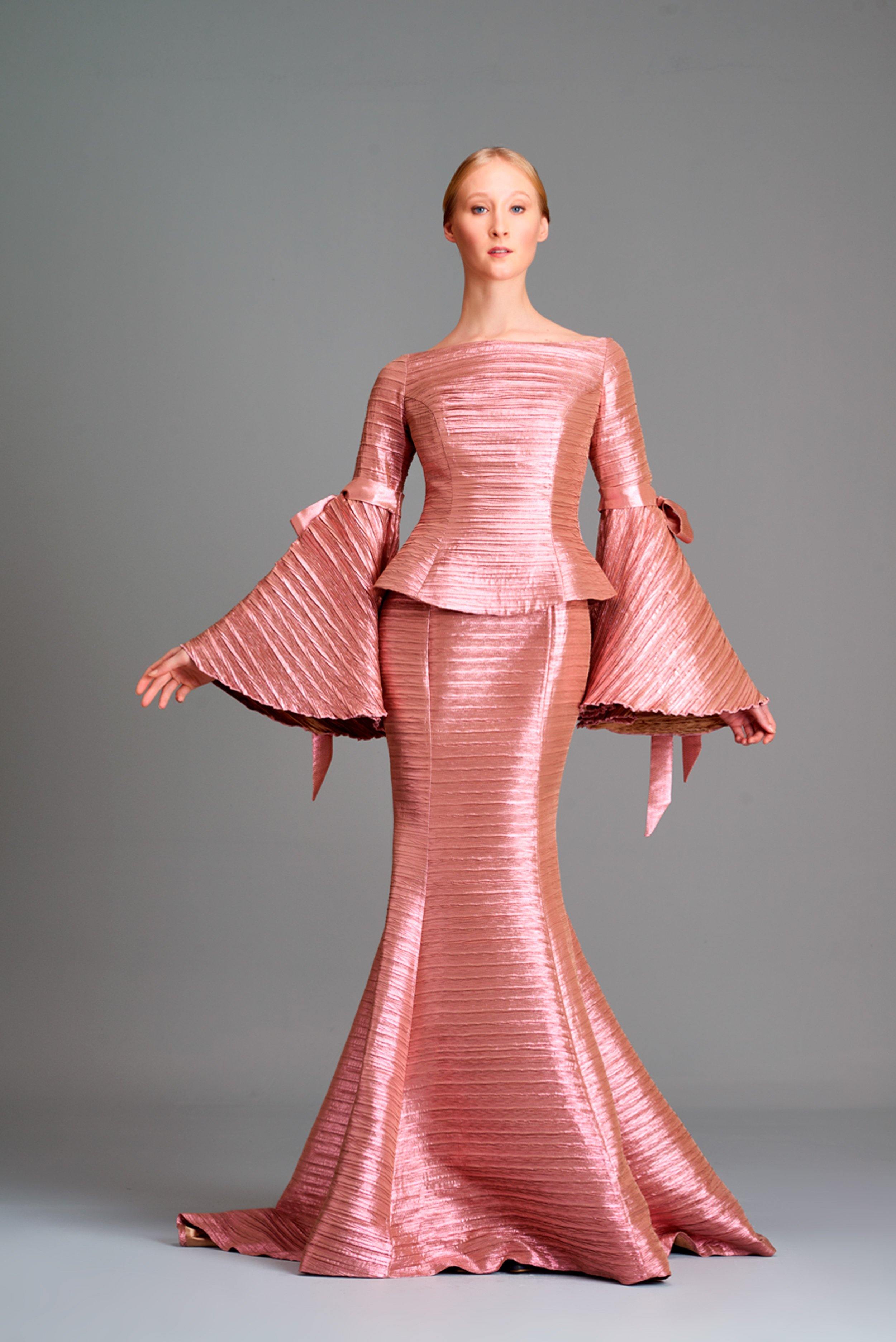 Pleated Metallic Satin Long Sleeve Gown John Paul Ataker Pleated Metallic Satin Long Sleeve Gown John Paul Ataker