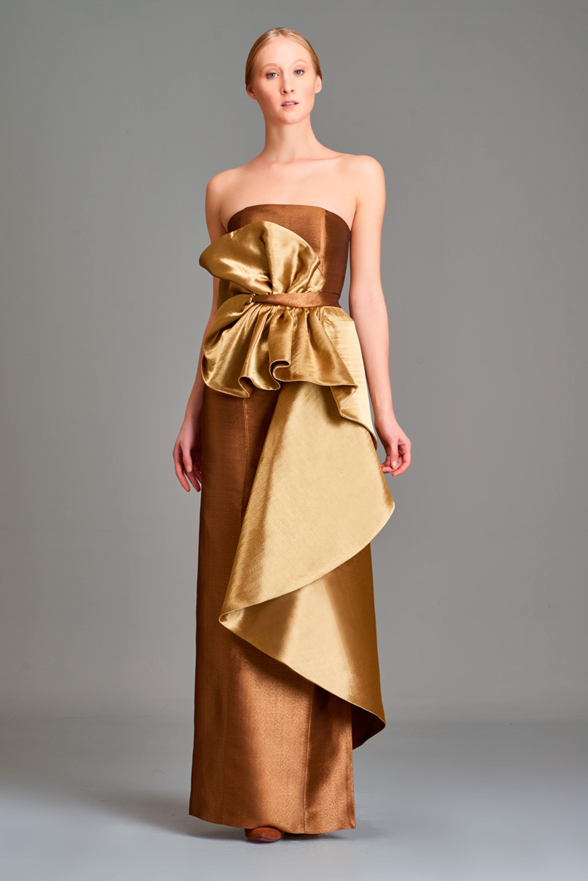 john paul ataker gold dress One Shoulder Ruffled Peplum Detail Long Mermaid Dress John Paul Ataker