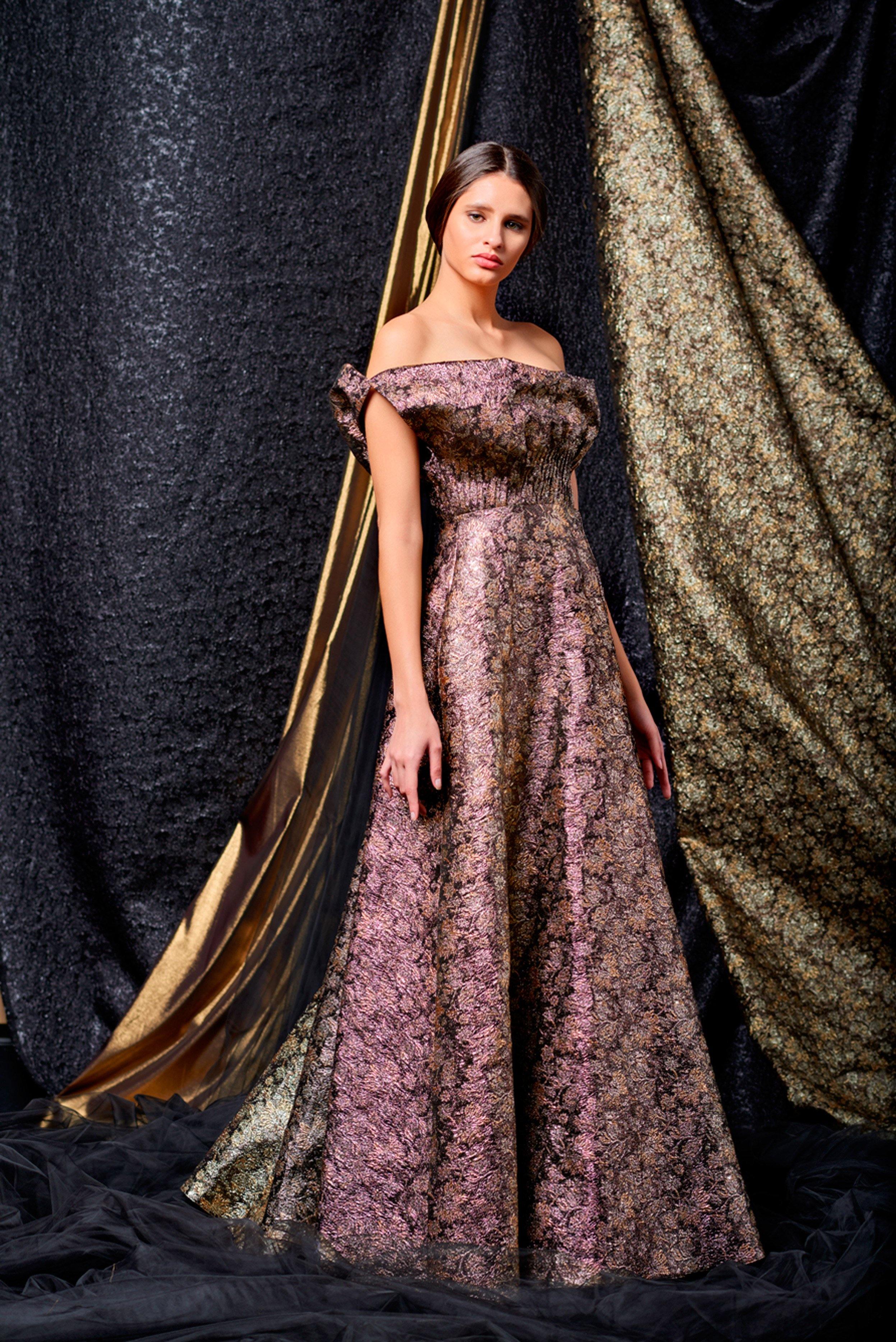 Ribbed Flowered Metallic Jacquard Gown GOLD Ribbed Flowered Metallic Jacquard Gown GOLD