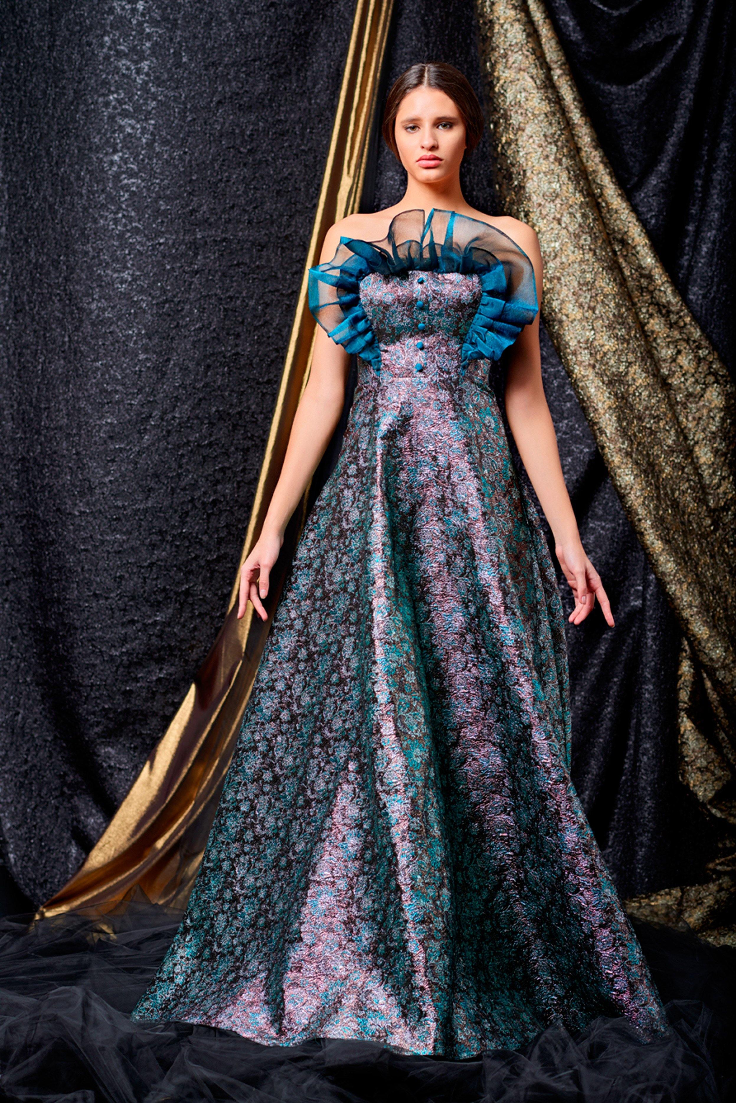 Gathered organza detailed flowered metallic jacquard long dress - John Paul Ataker