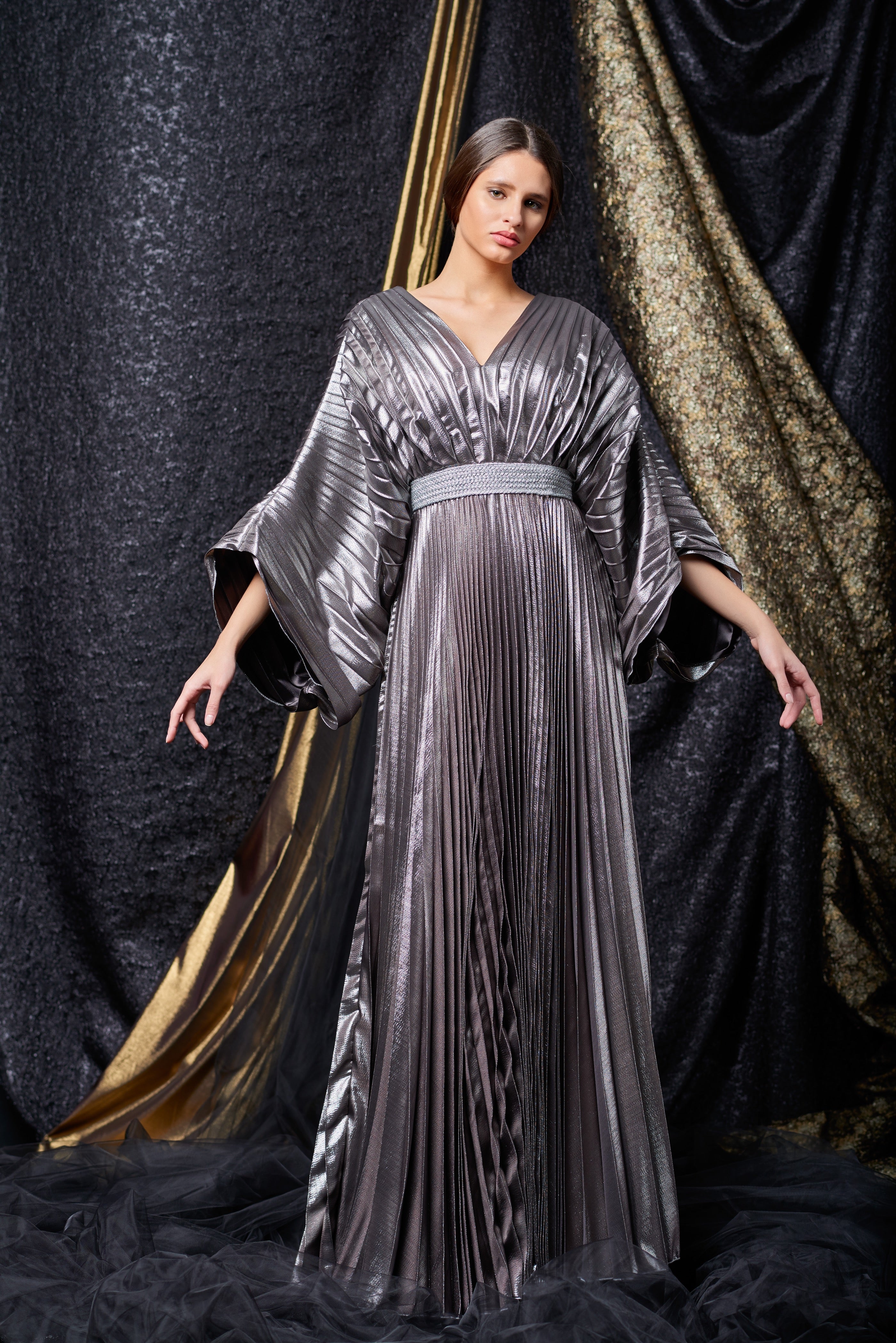Pleated Metallic Satin Gown with Metallic Band Waistline John Paul Ataker Pleated Metallic Satin Gown with Metallic Band Waistline John Paul Ataker