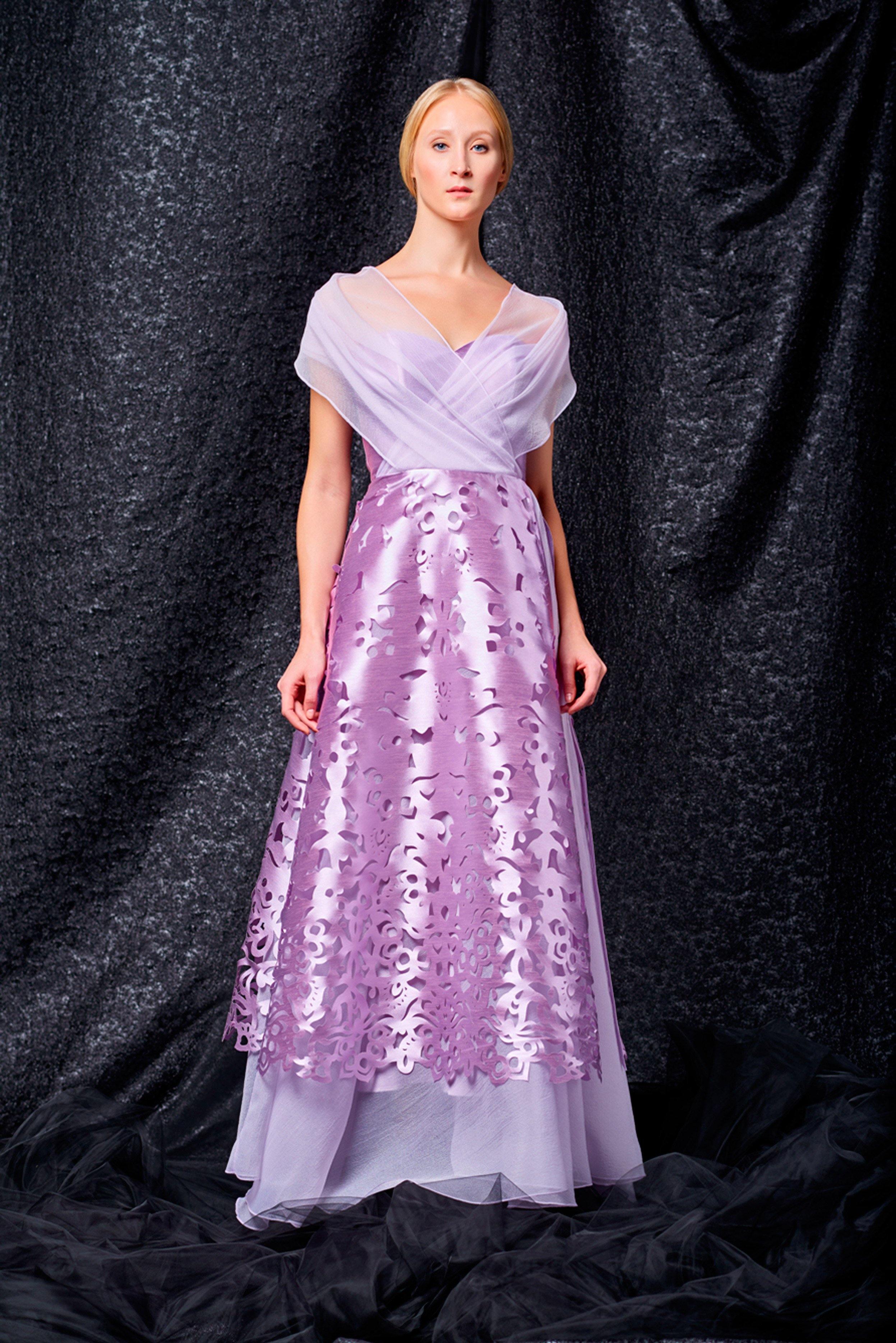 Laser-Cut Detailed Taffeta and Draped Organza Long Dress PINK