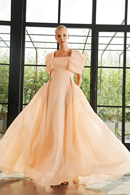 Draped Sleeve Detailed Honeycombed Jacquard Long Dress