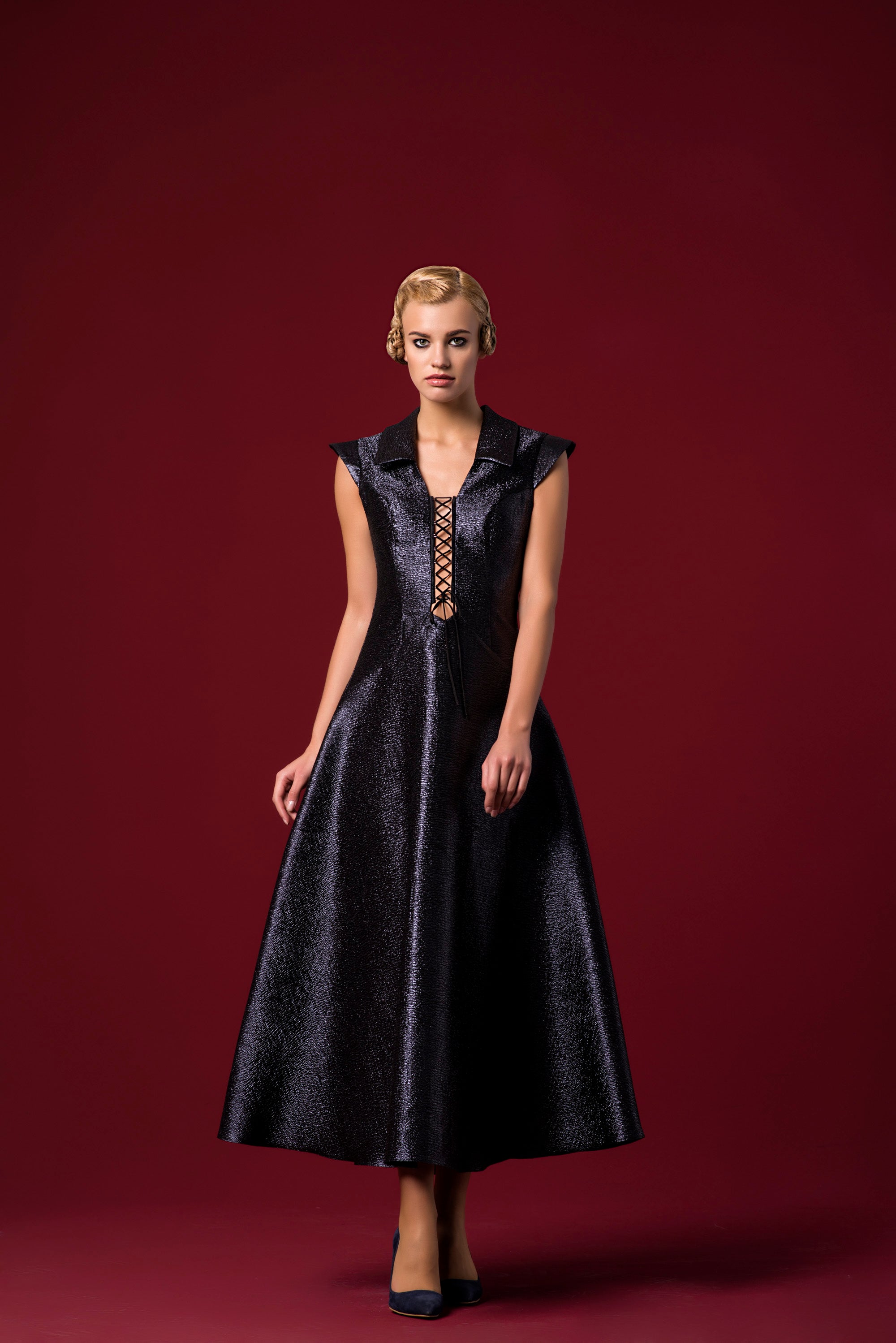 Lace-Up Detailed Metallic Jacquard Short Dress Black
