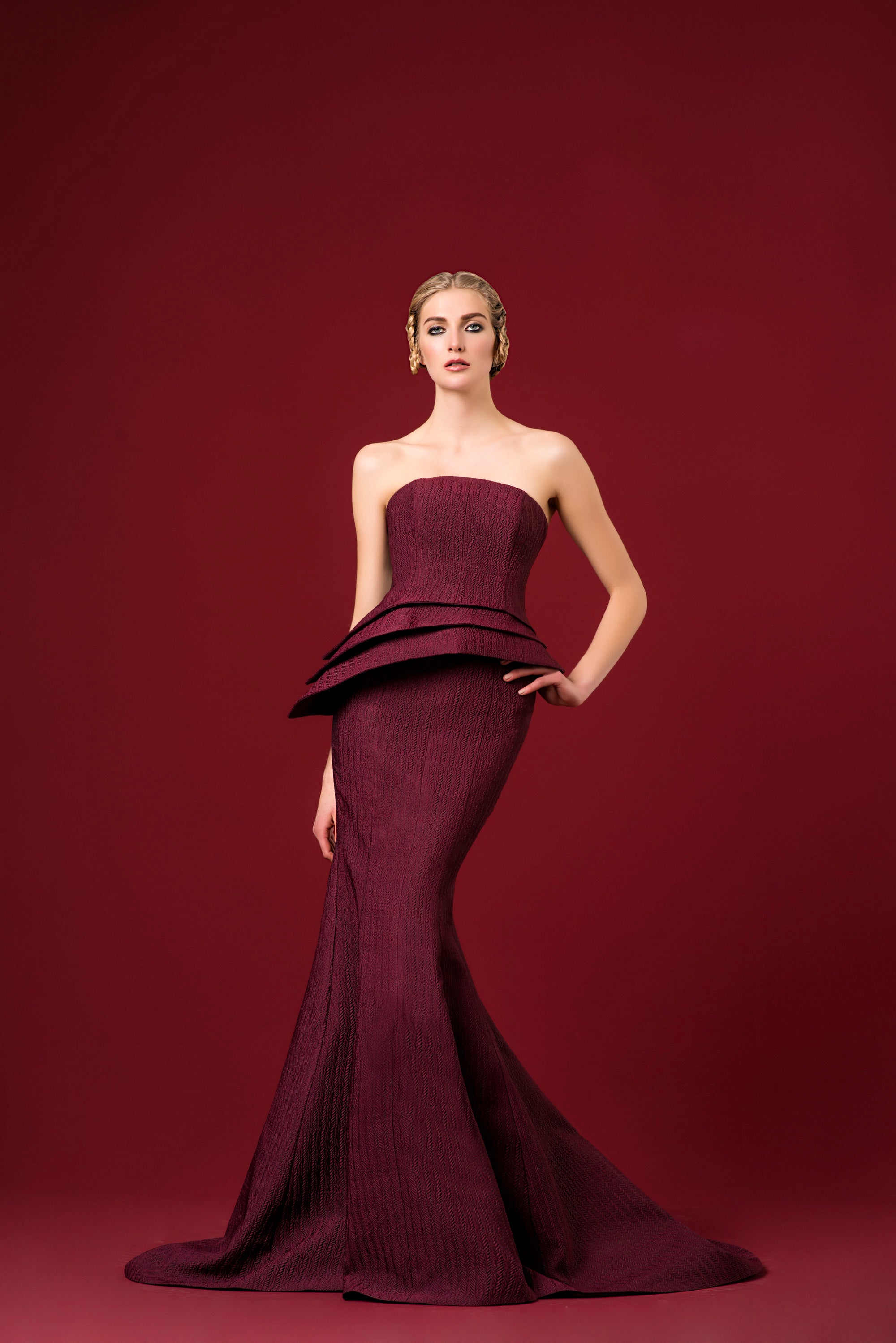 Layered Peplum Detailed Jacquard Mermaid Dress Layered Peplum Detailed Jacquard Mermaid Dress