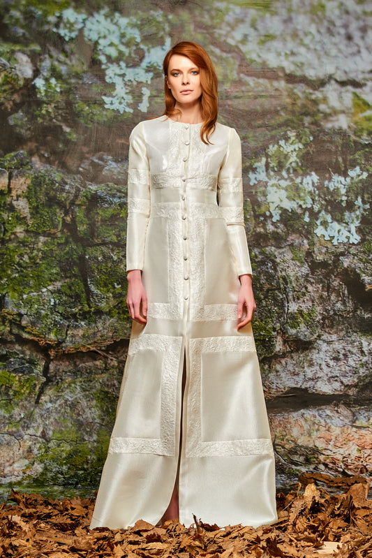 Flowered Jacquard Paneled Long Dress