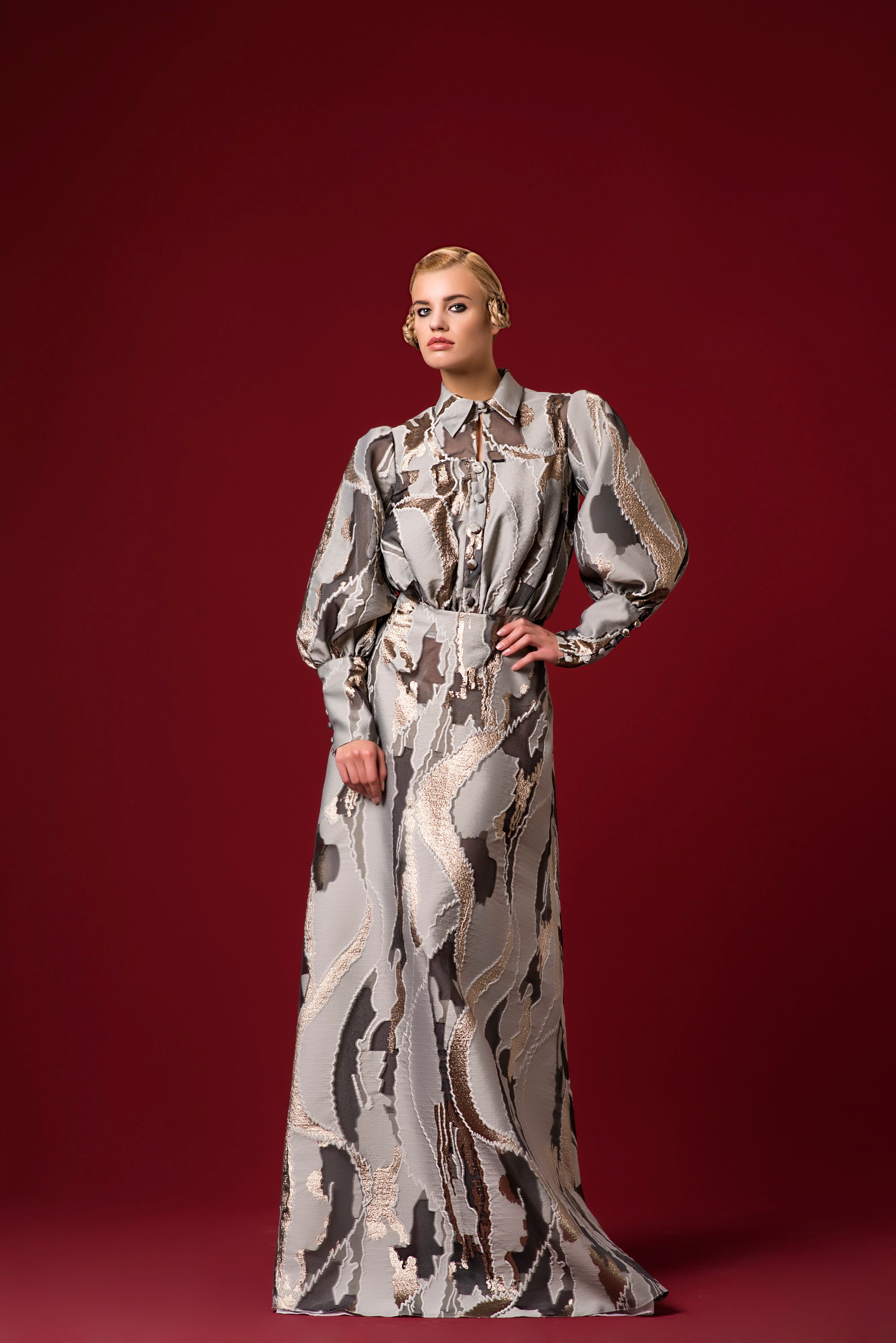 High-Volume Sleeved Camouflage Organza Long Dress John Paul Ataker High-Volume Sleeved Camouflage Organza Long Dress John Paul Ataker