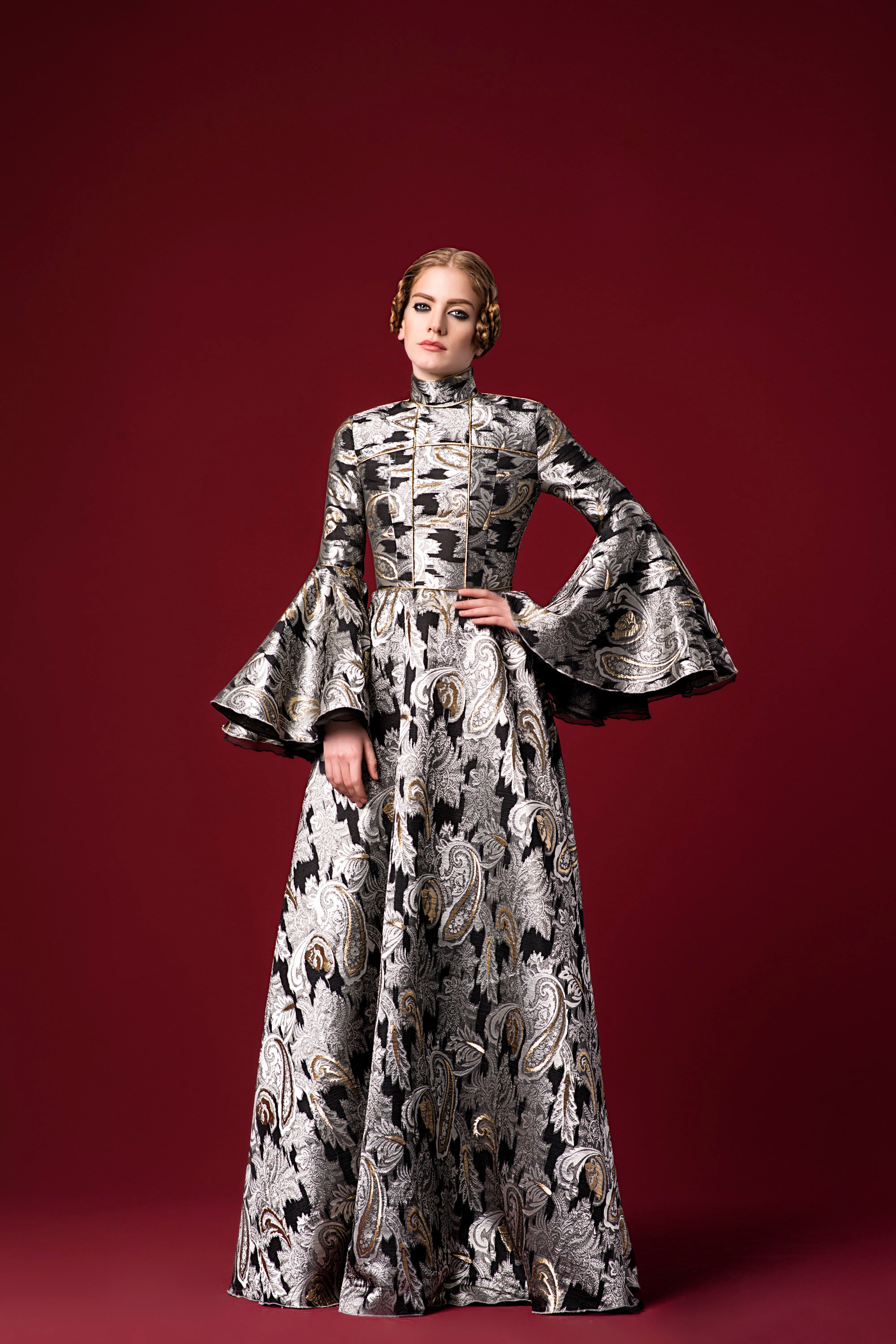 Metallic Piping Detailed Ethnic Jacquard Gown John Paul Ataker Metallic Piping Detailed Ethnic Jacquard Gown John Paul Ataker