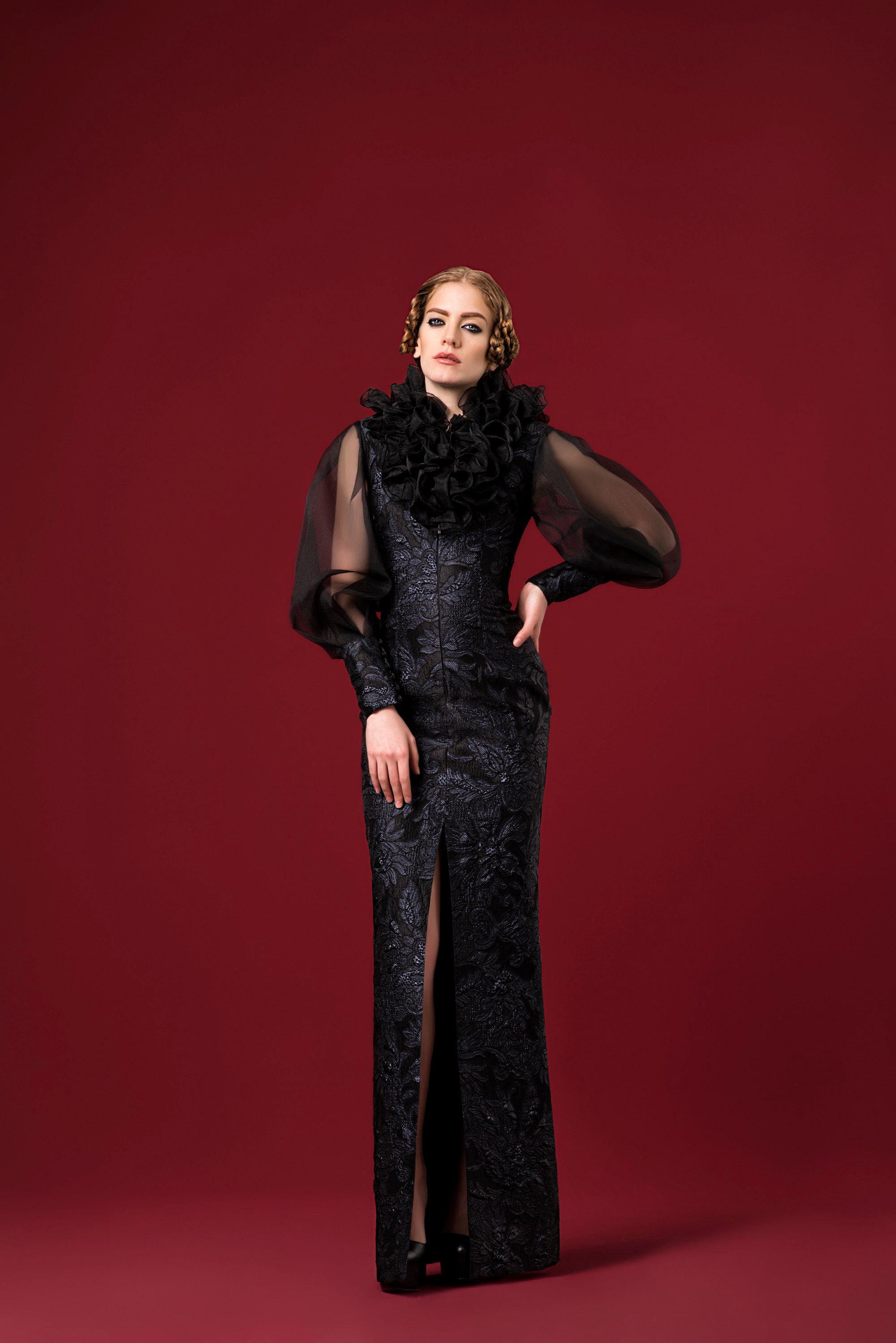 Organza Ruffled Fowered Jacquard Long Dress BORDO