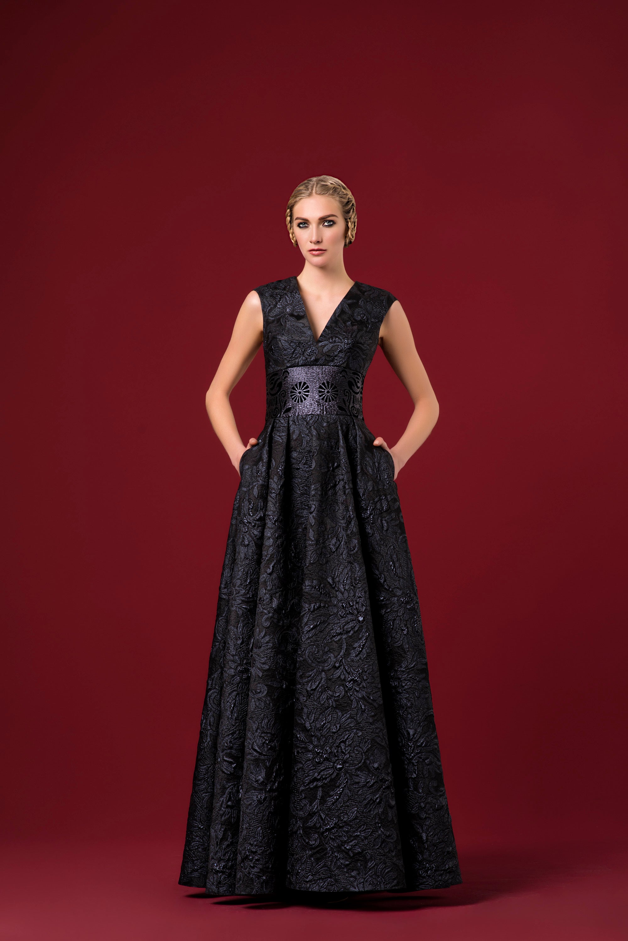 Lazer-Cut Detailed A-Line Jacquard Dress