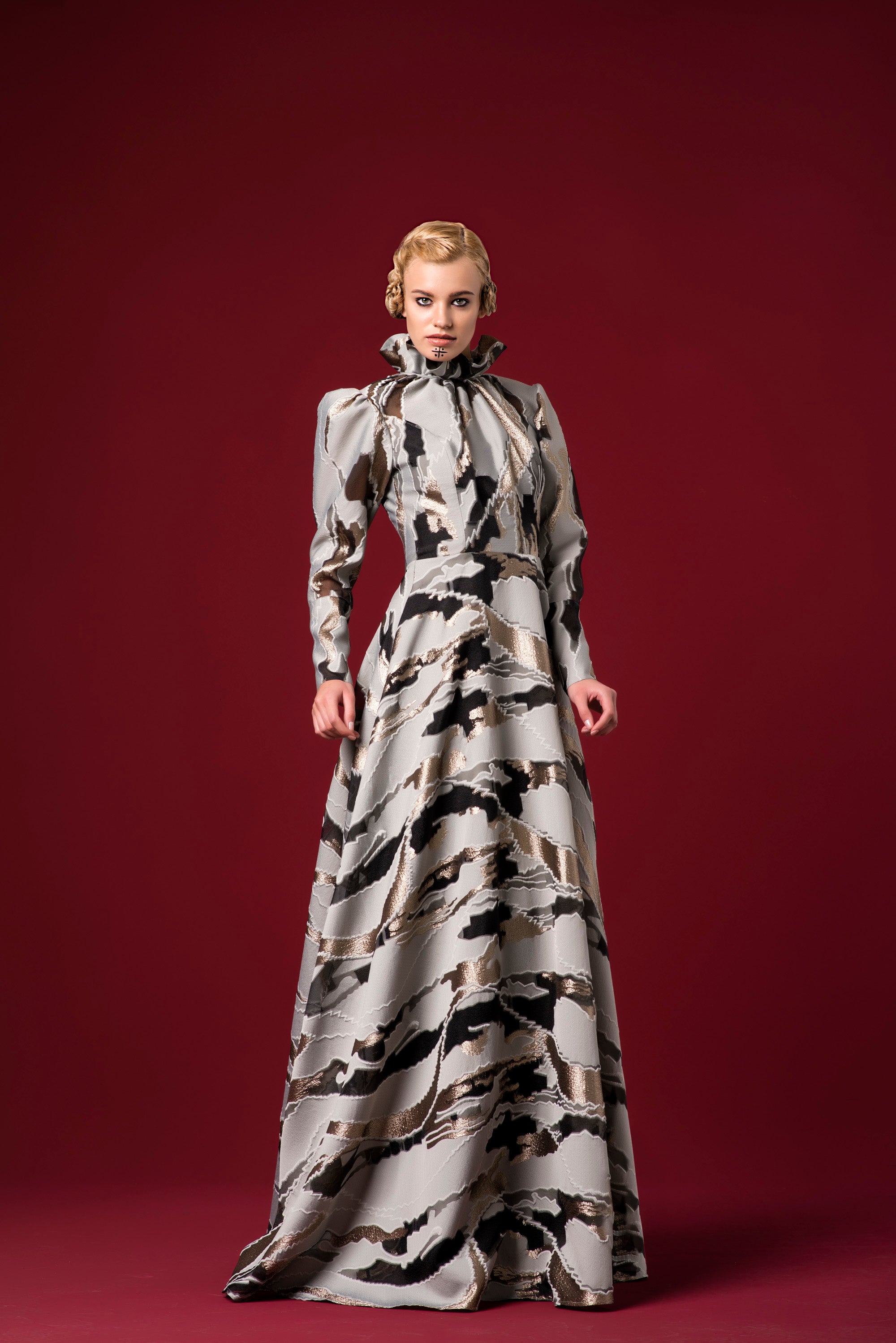 Ruffled Collar Camouflage Jacquard Long Dress – John Paul Ataker