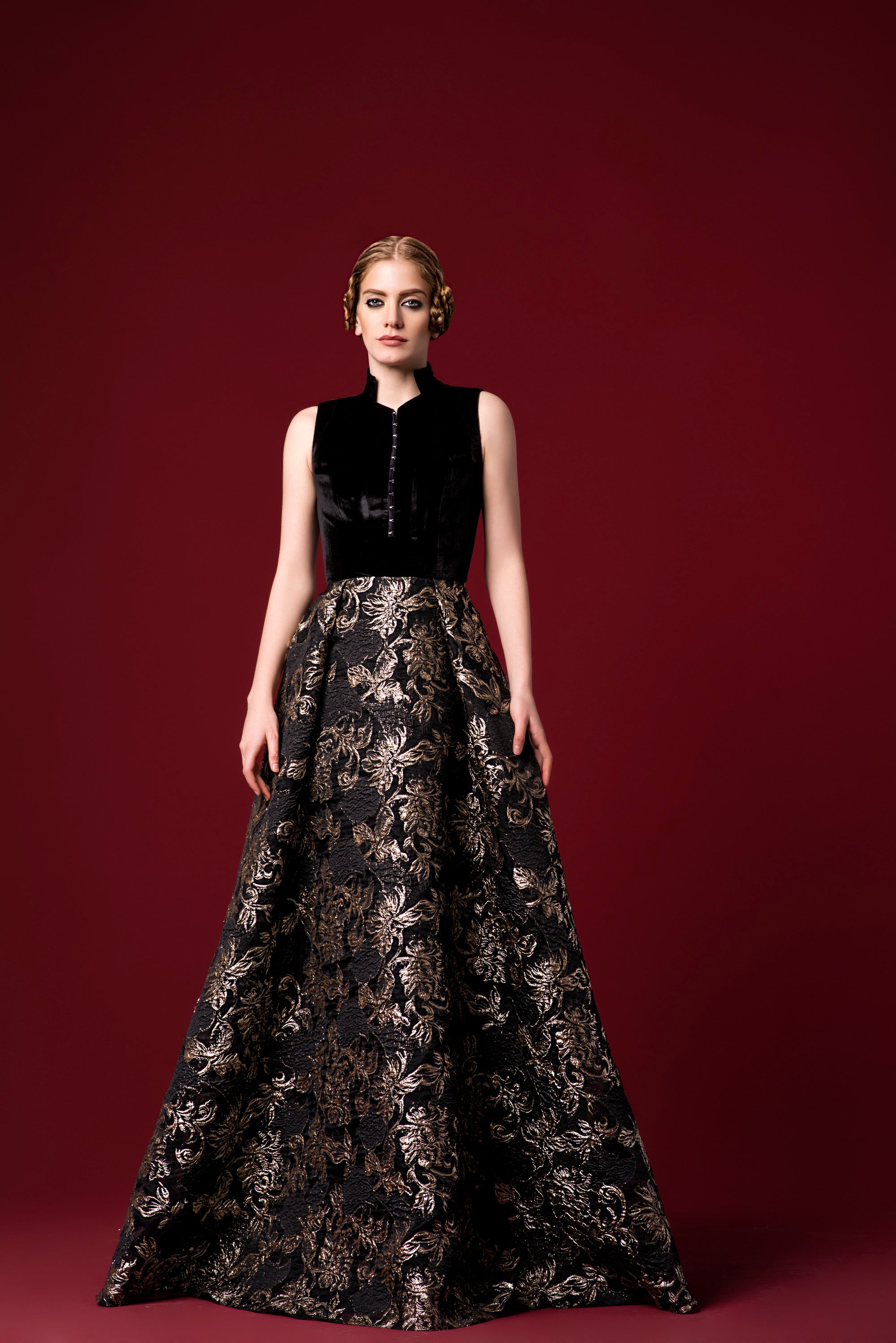 Stretch Velvet Gown with Flowered Burn-Out Organza Dress John Paul Ataker Stretch Velvet Gown with Flowered Burn-Out Organza Dress John Paul Ataker