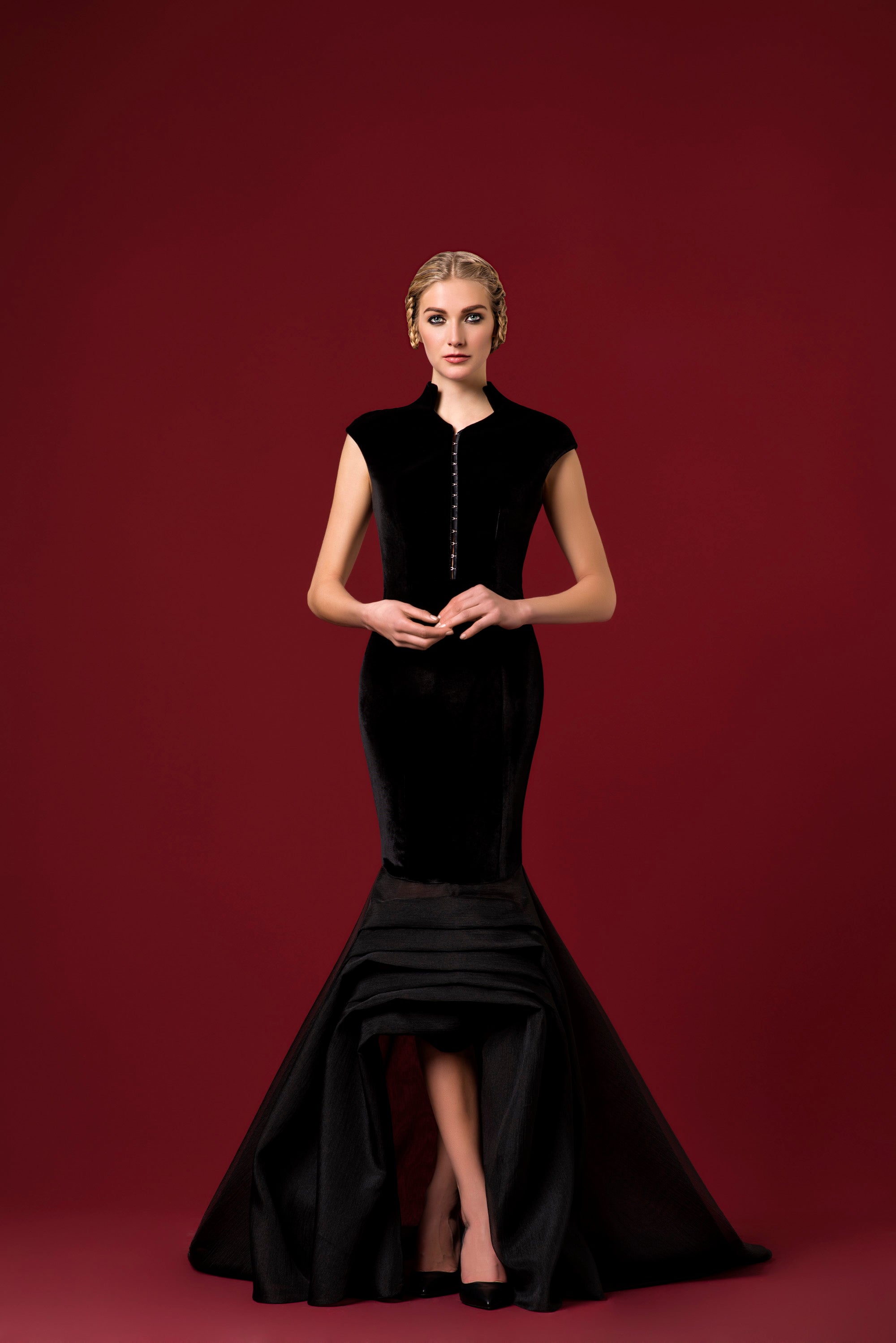 velvet and organza dress Burgundy Velvet Strapless Prom Dress with Organza Ruffled Skirt loveangeldress