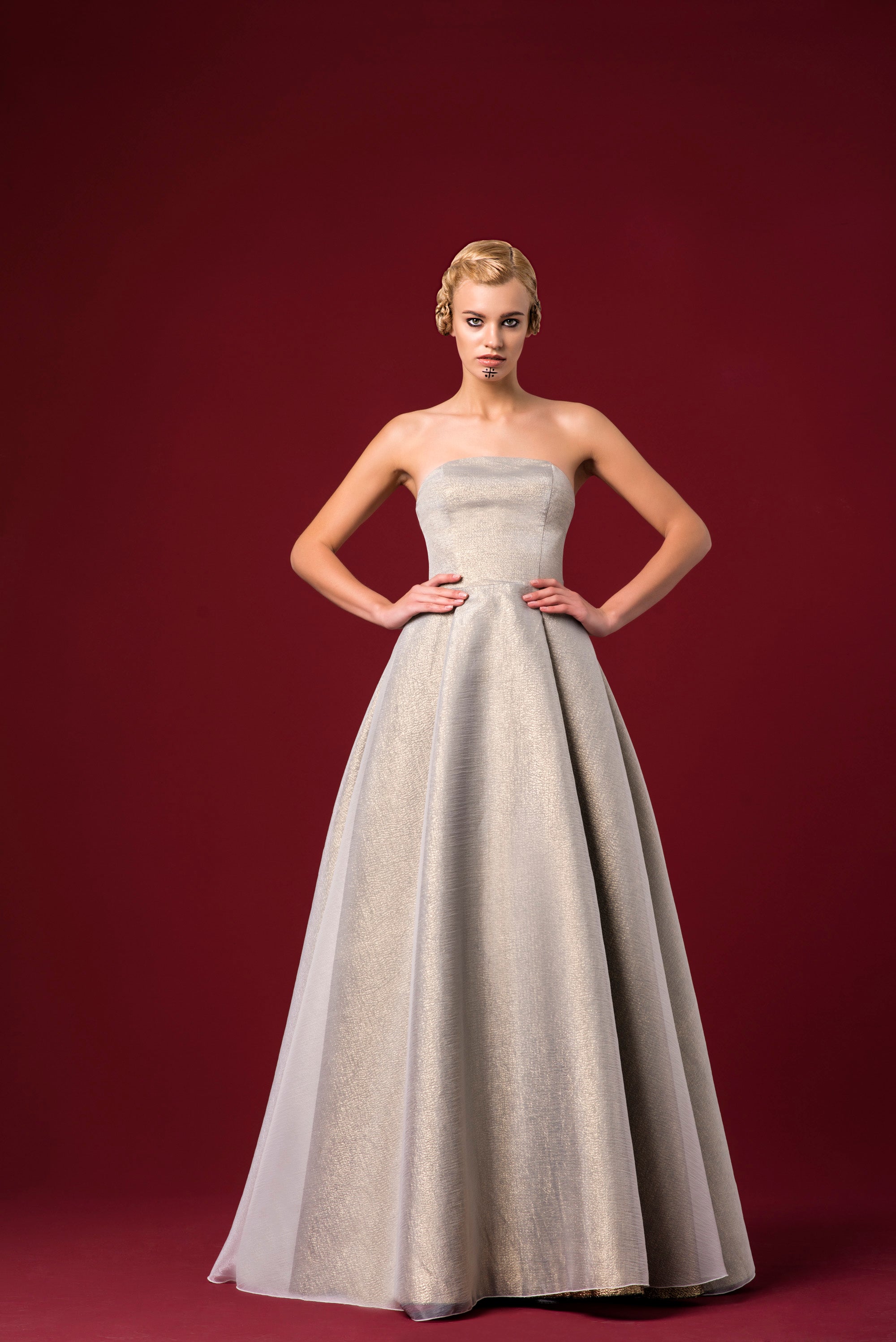 strapless metallic jacquard dress Metallic Jacquard Strapless Side Bow A Line Skirt Gown