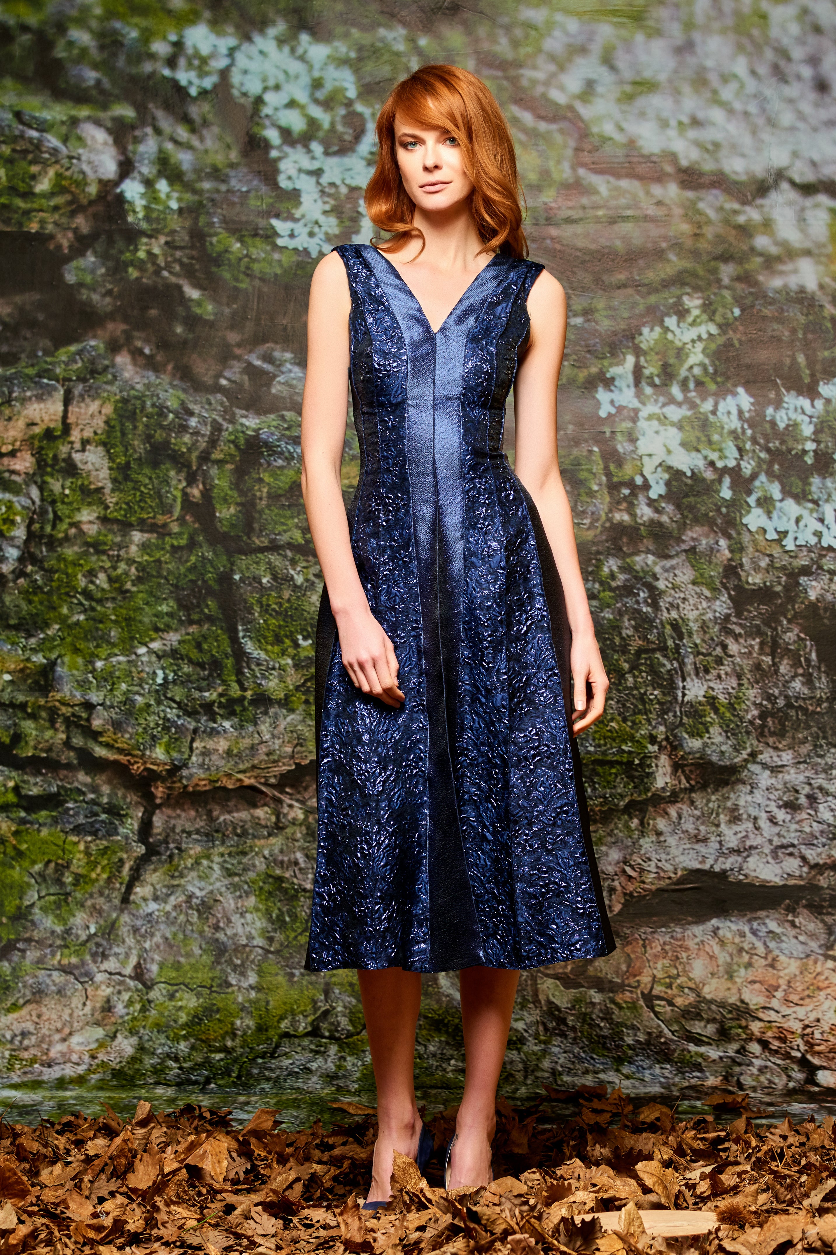 metallic jacquard midi dress Floral Warehouse Metallic Jacquard Ruched Sleeve Plunge Neck Bias Midi Dress