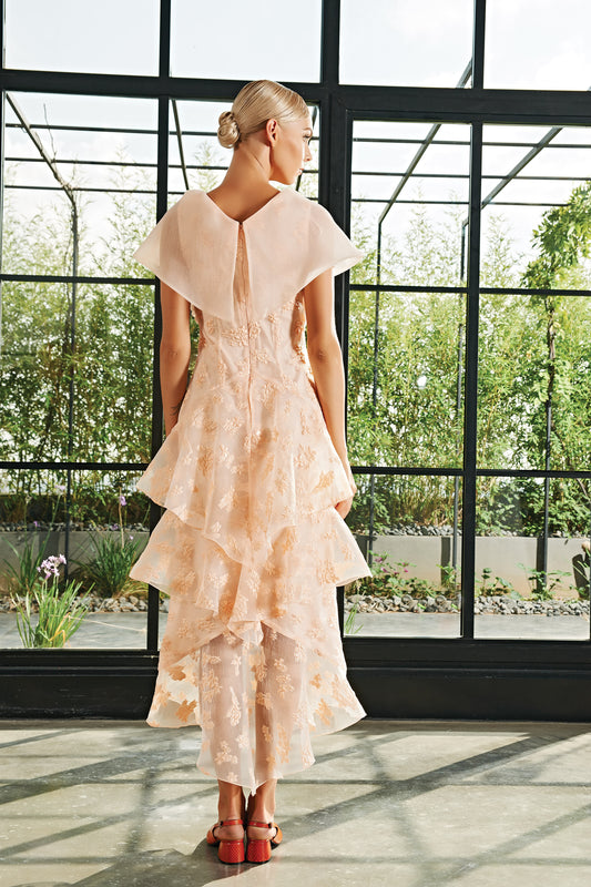 Layered Ruffle Detailed Flowered Fil-Coupe Long Dress