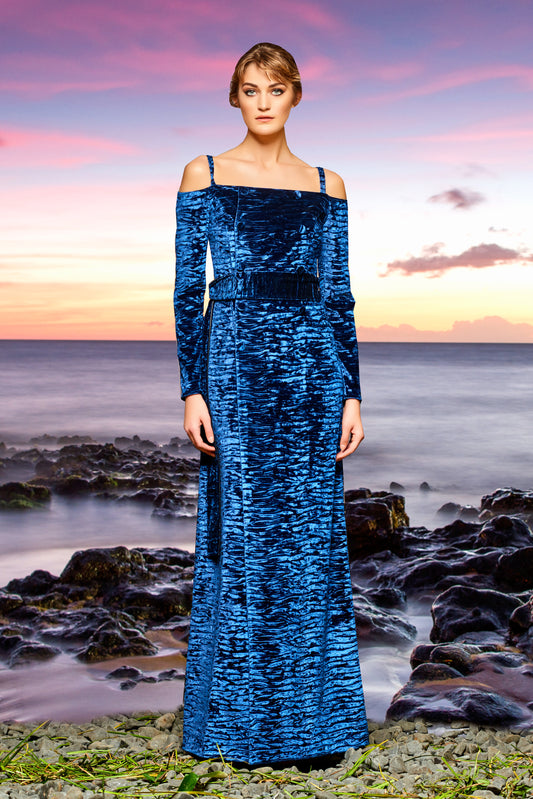 Long Stretch Crinkle Velvet Dress with Leatherette Bra Inside