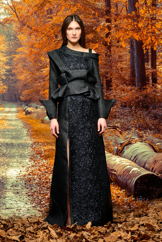 Asymmetric Metallic and Flowered Jacquard Gown