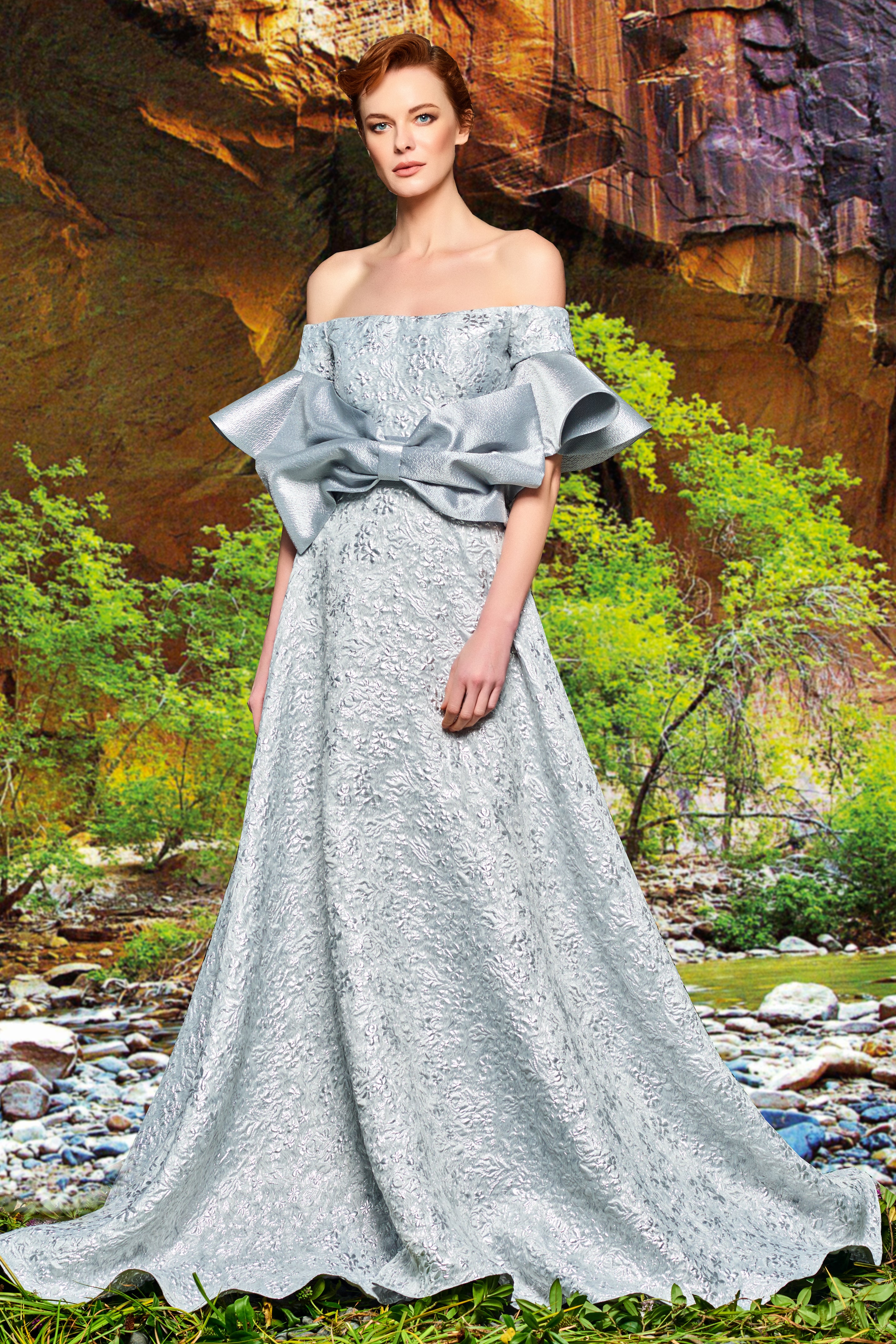 silver jacquard dress Silver Bay Leaf Jacquard Strapless Ball Gown With Gilded Bodice And Floral Embroidery