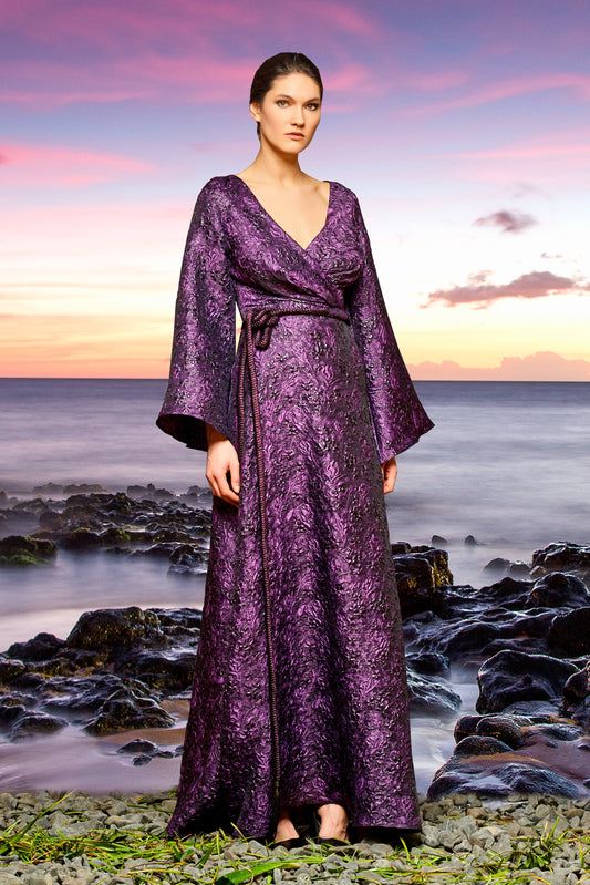 Draped Flowered Jacquard Long Dress