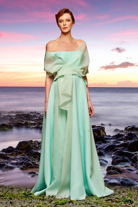 Organza Draped Metallic Crinkle Jacquard Gown