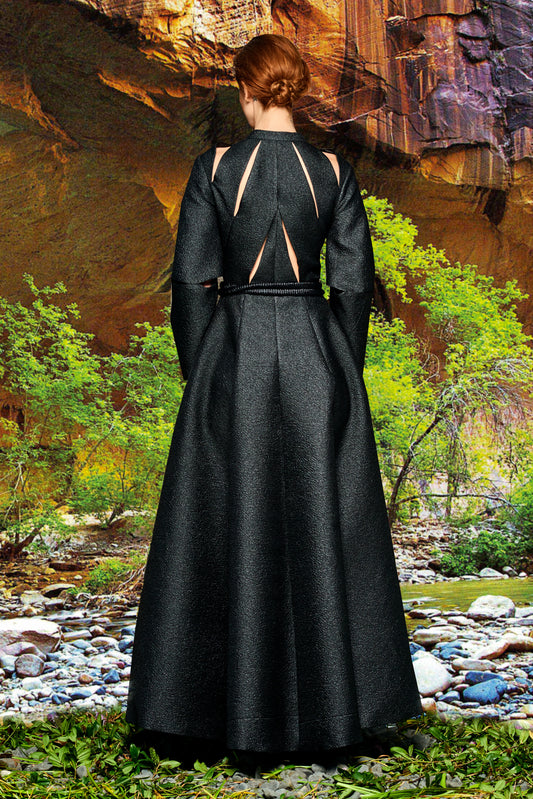 Cut-Out Detailed Metallic Crinkled Jacquard Dress