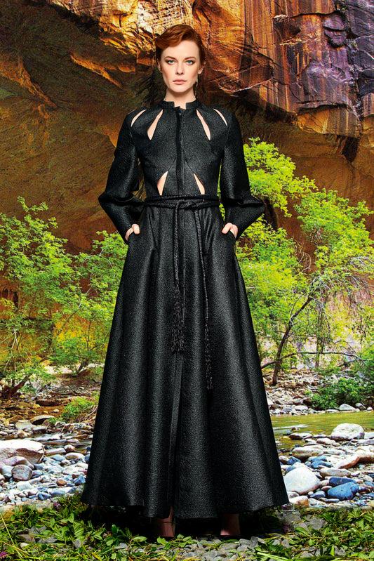 Cut-Out Detailed Metallic Crinkled Jacquard Dress