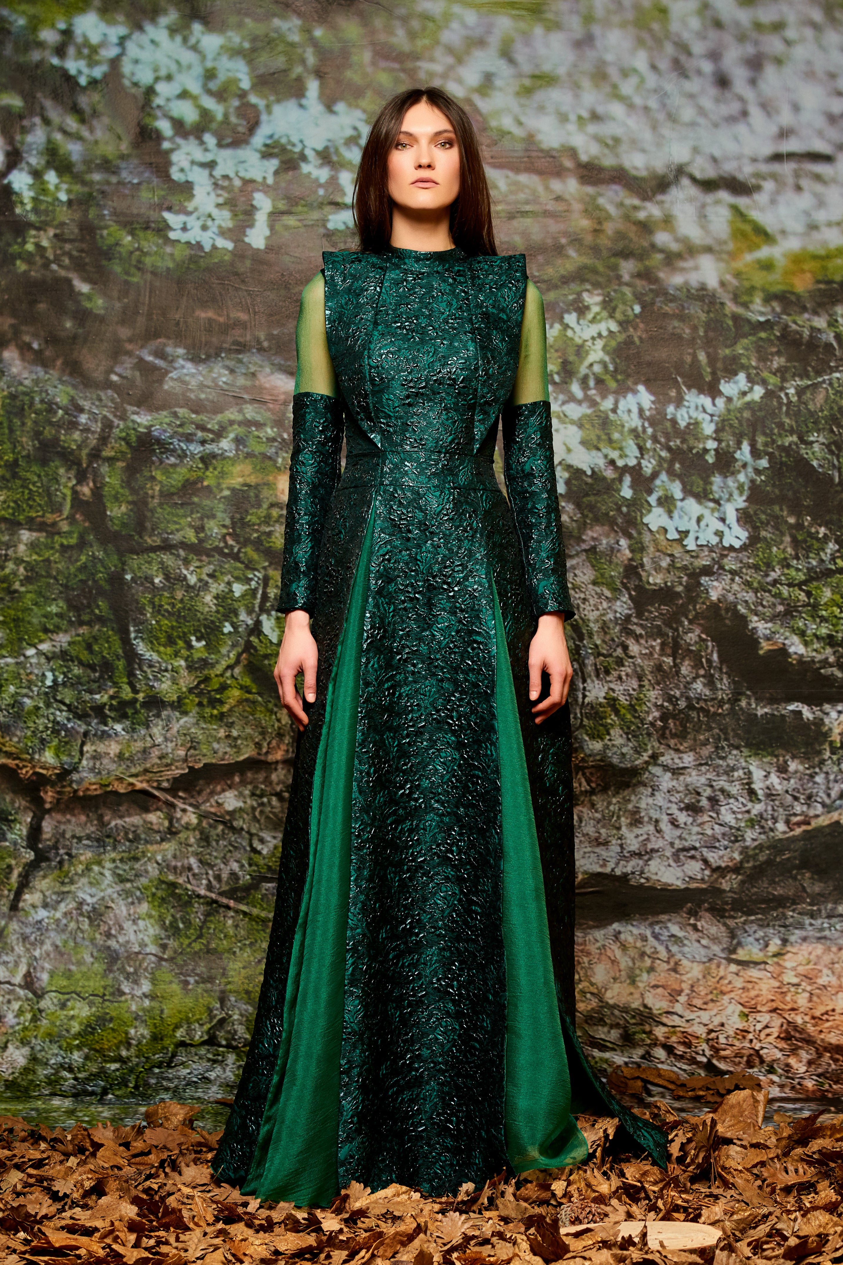 organza jacquard dress Organza Band Detailed Flowered Jacquard Long Dress