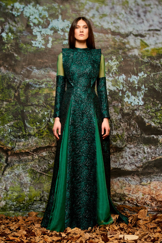 Organza Band Detailed Flowered Jacquard Long Dress