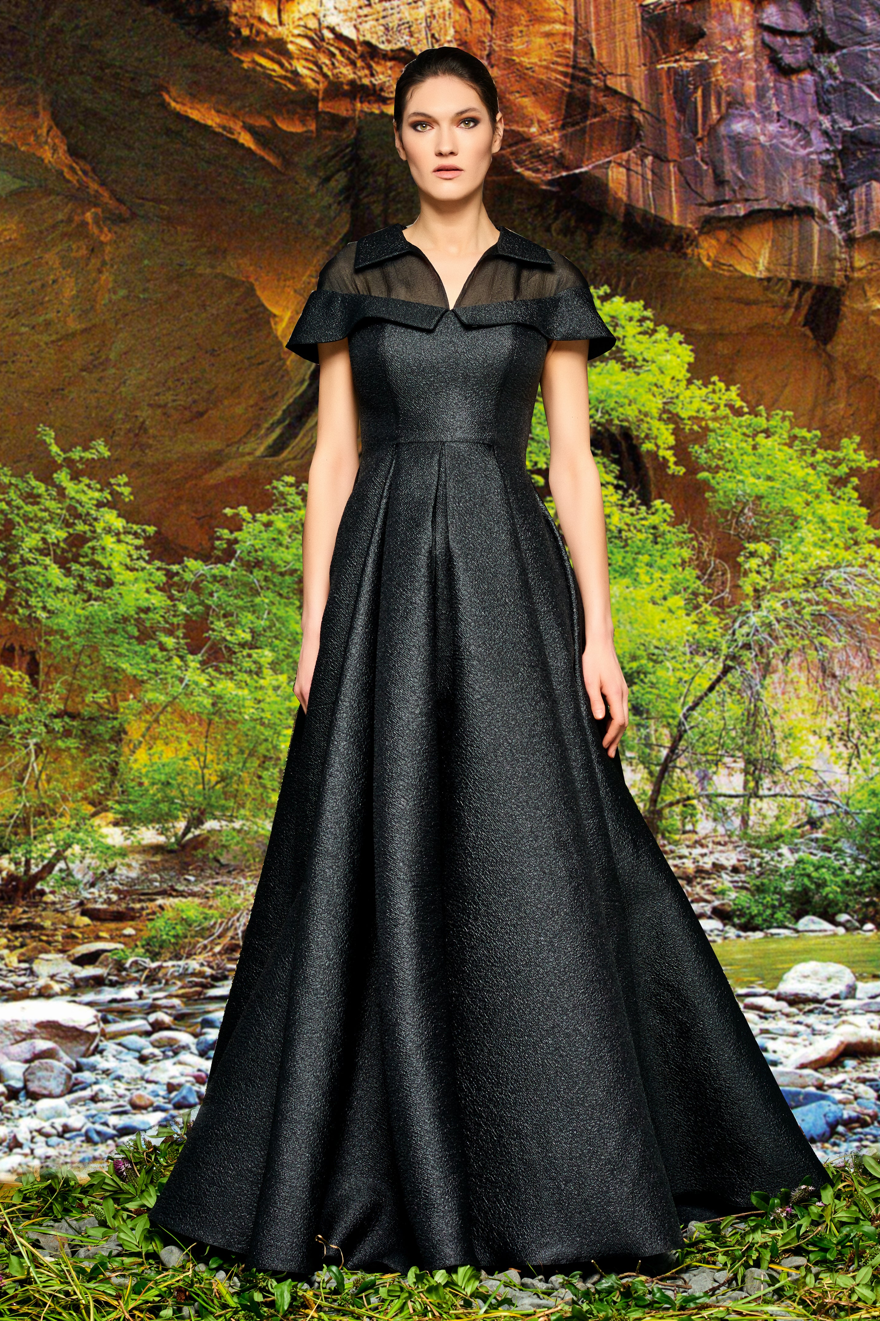 Organza Neckline and Metallic Crinkle Jacquard Gown NAVY Organza Neckline and Metallic Crinkle Jacquard Gown NAVY