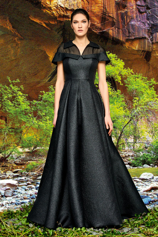 Organza Neckline and Metallic Crinkle Jacquard Gown