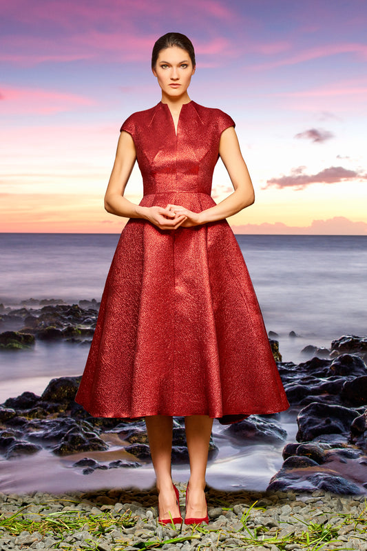 High Neck Metallic Crinkled Jacquard Midi Dress