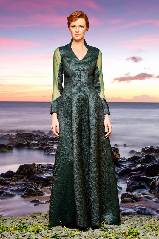 Organza Sleeve Detailed Crinkle Jacquard Long Dress