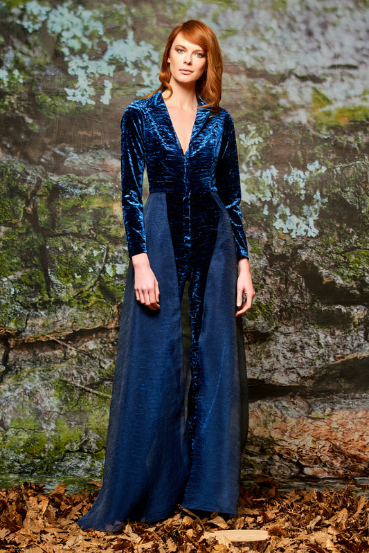 Organza Overskirt Stretch Crinkle Velvet Jumpsuit