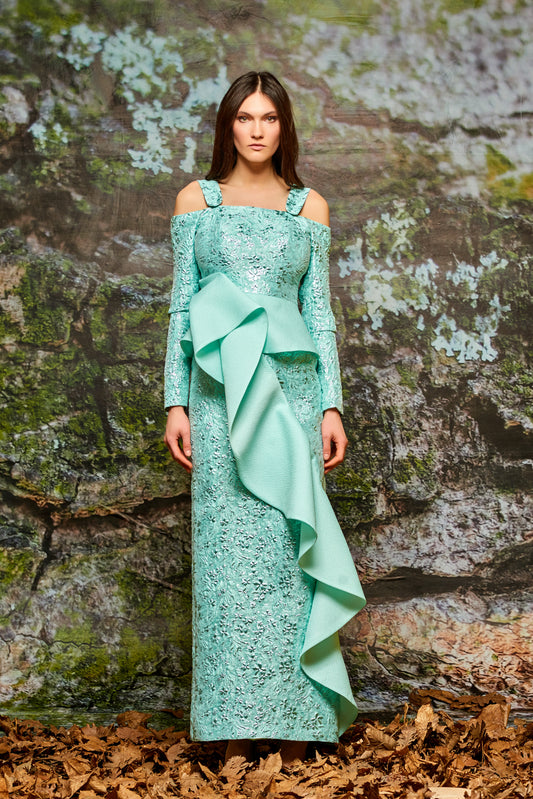 Asymmetric Ruffeled Flowered Jacquard Long Dress