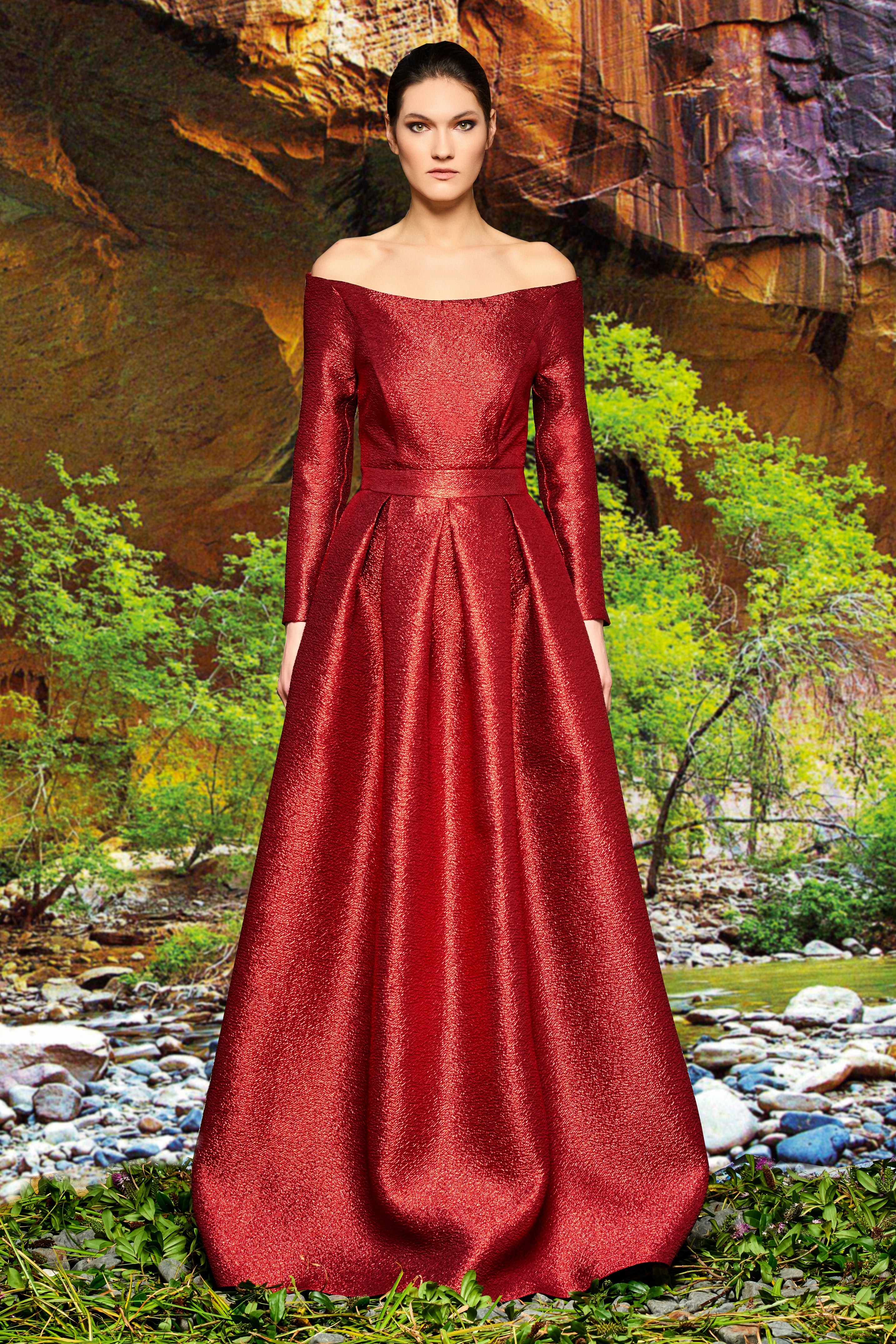 Off-Shoulder Crinkled Jacquard Box Pleated Gown Off-Shoulder Crinkled Jacquard Box Pleated Gown