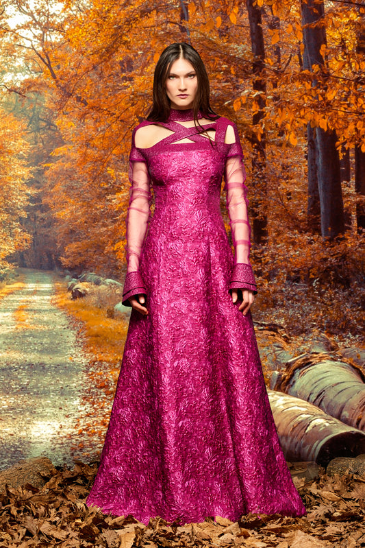 Metallic Jacquard Banded Flowered Jacquard Long Dress