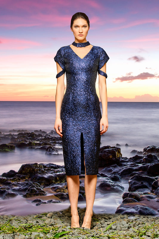 Banded Flowered Jacquard Dress with Front Slit