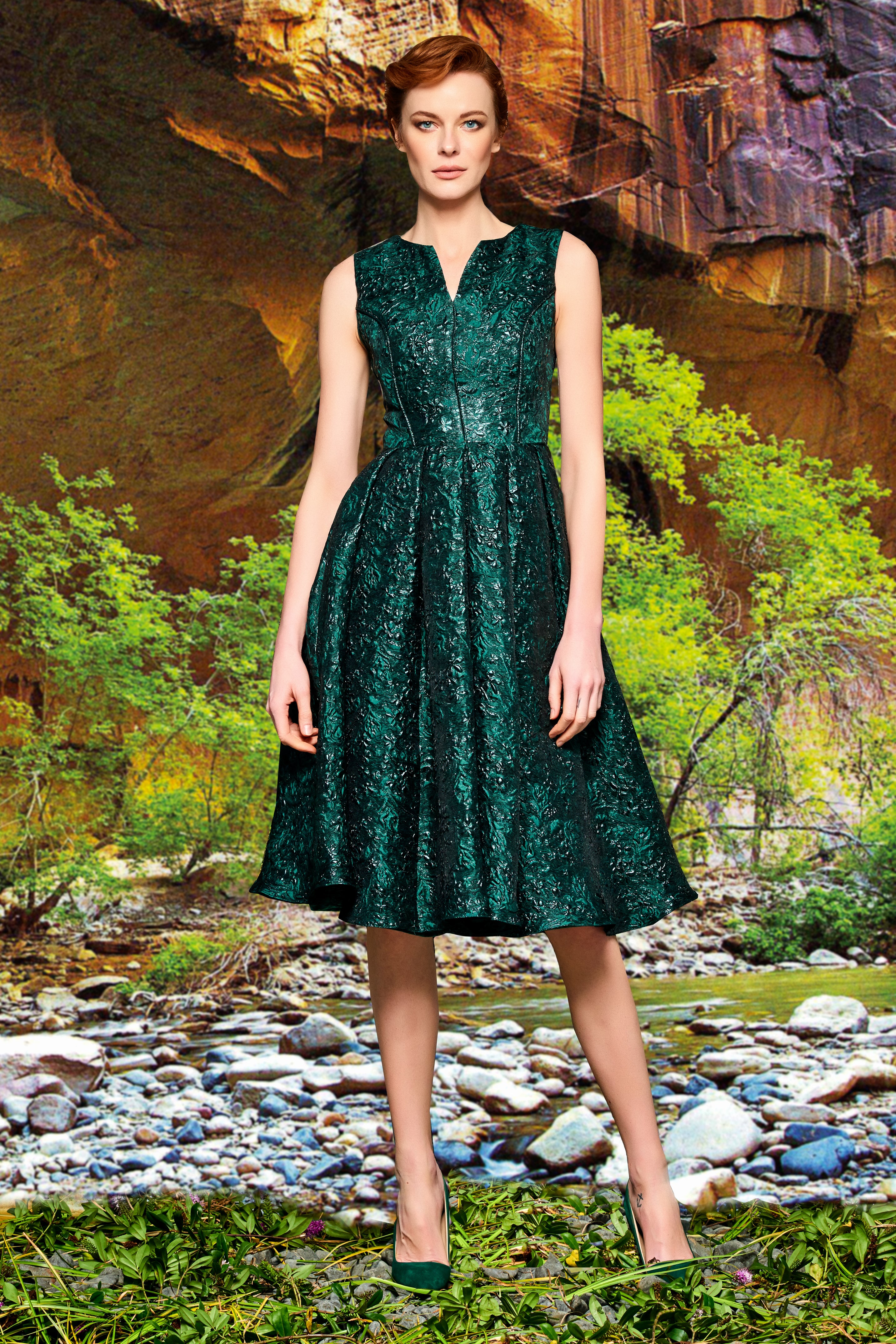 Tone-Tone Piping Detailed Flowered Jacquard Dress NAVY Tone-Tone Piping Detailed Flowered Jacquard Dress NAVY