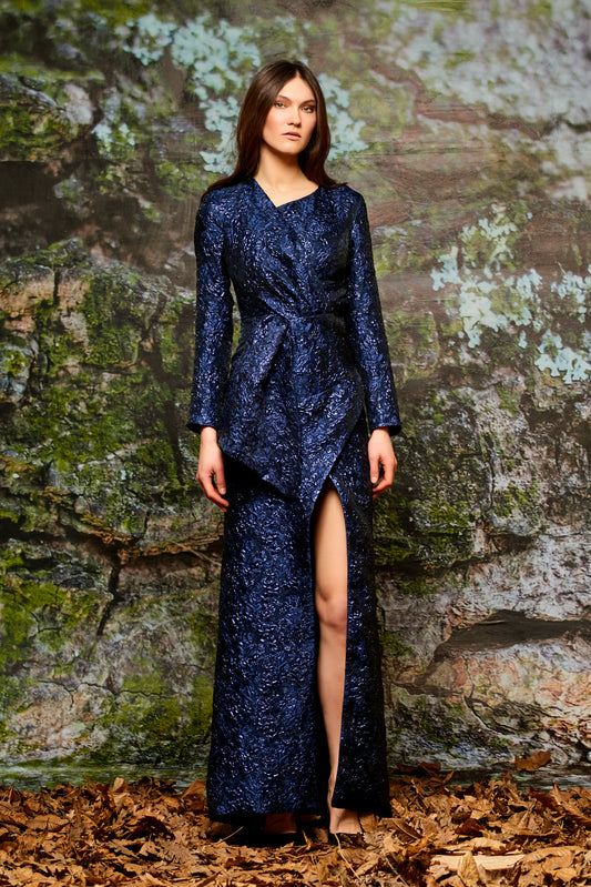 Draped Flowered Jacquard Front Slit Long Dress