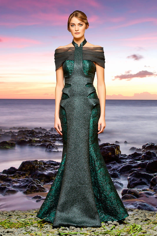 Organza Cut-Out Flowered Jacquard Gown